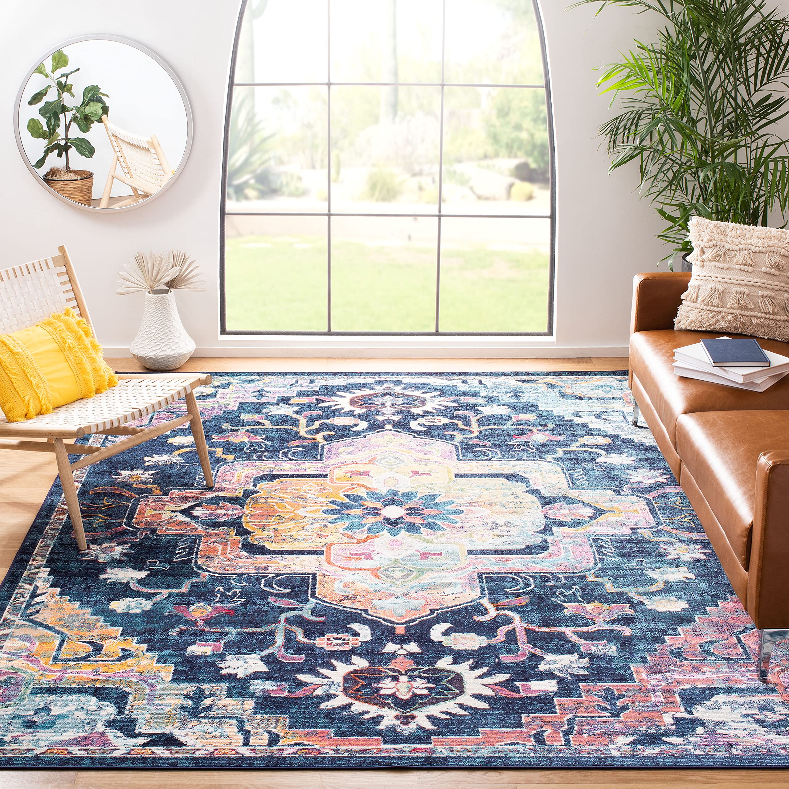 SAFAVIEH Crystal Collection Area Rug - 9 x 12, Navy & Fuchsia, Medallion Distressed Design, Non-Shedding & Easy Care, Ideal fo