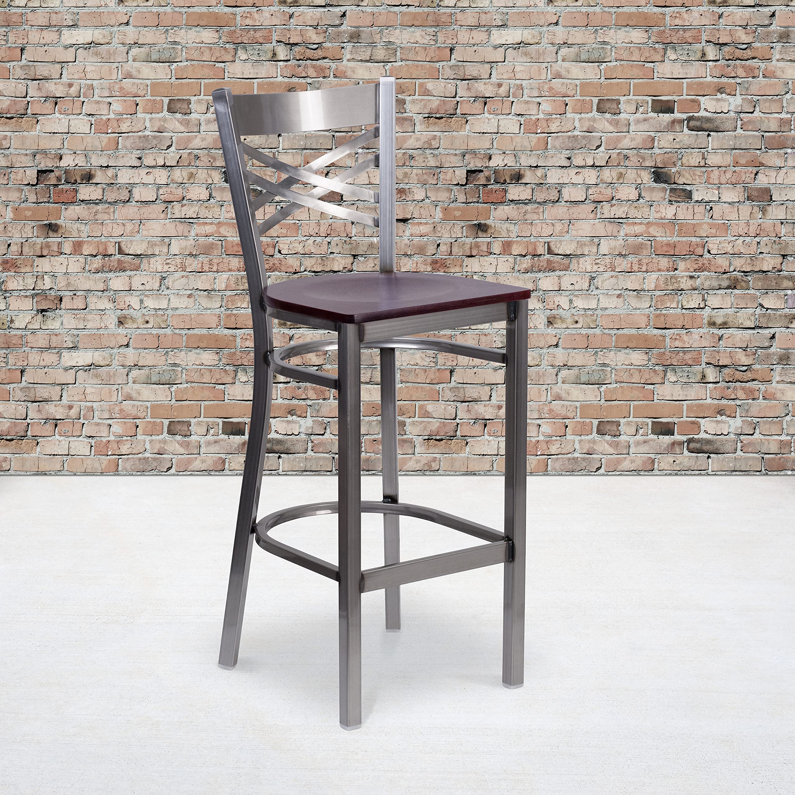 Flash Furniture Hercules Series Clear Coated ''X'' Back Metal Restaurant Barstool - Mahogany Wood Seat