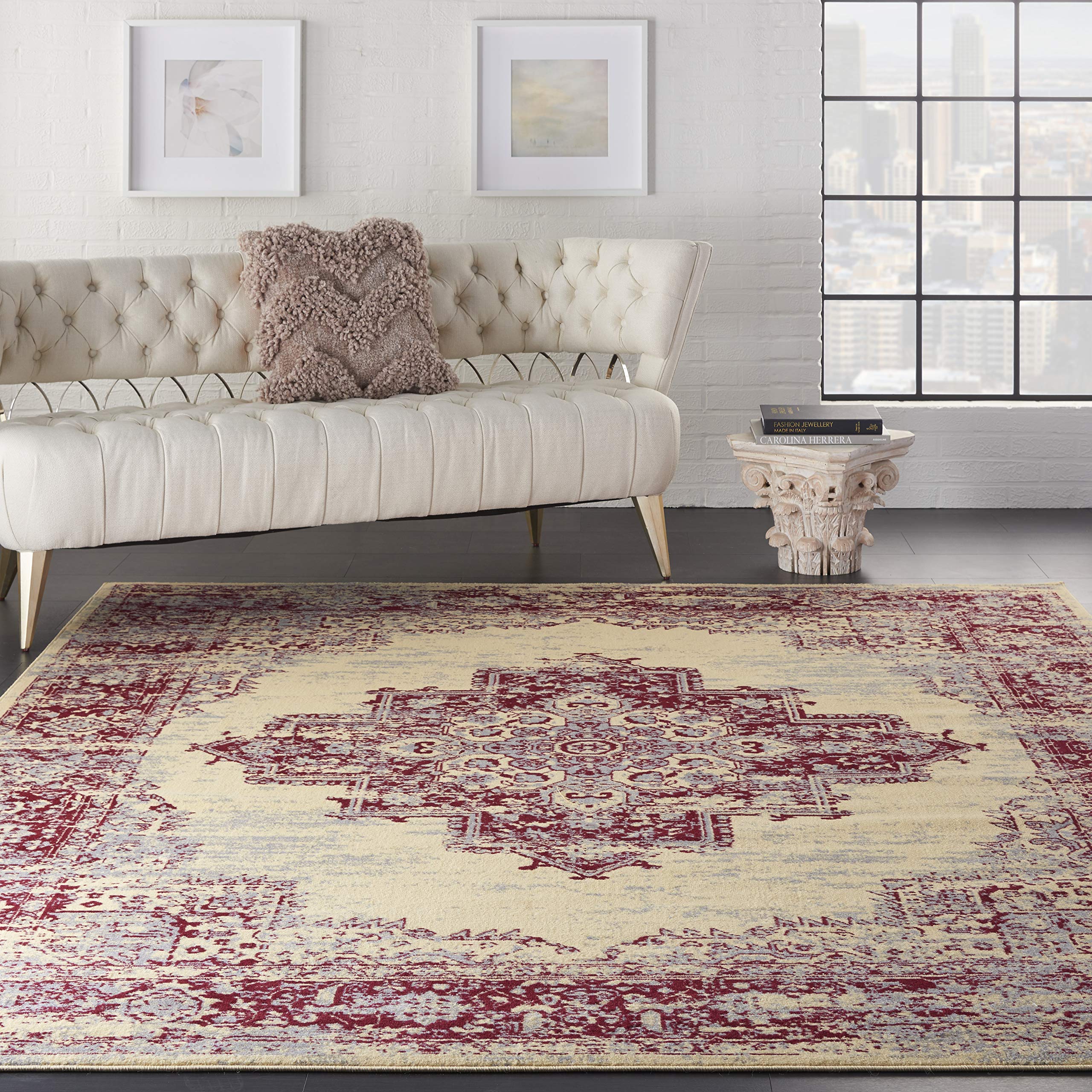 Nourison Grafix Modern Ivory/Pink 53 x 73 Traditional Area Rug, Easy-Cleaning, Non Shedding, Bed Room, Living Room, Dining Roo