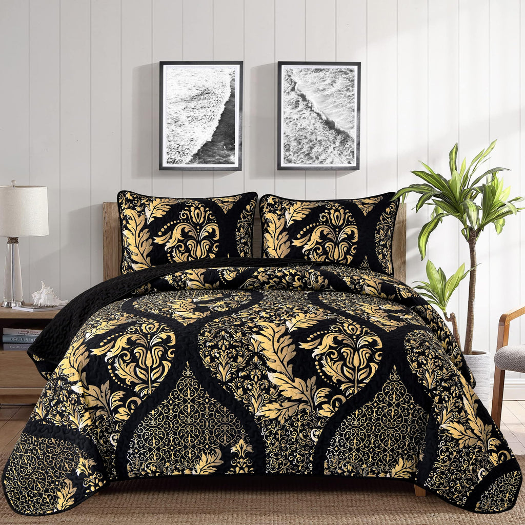 DJY Black Quilt Set California King Size, Boho Gold Damask Bedspread Coverlet Set Soft Lightweight Microfiber Luxury Bedding Set