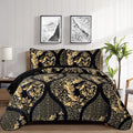 Black Quilt Set King Size, Boho Gold Damask Bedspread Coverlet Set Soft Lightweight Microfiber Bedding Set 3 Pieces For All Seas
