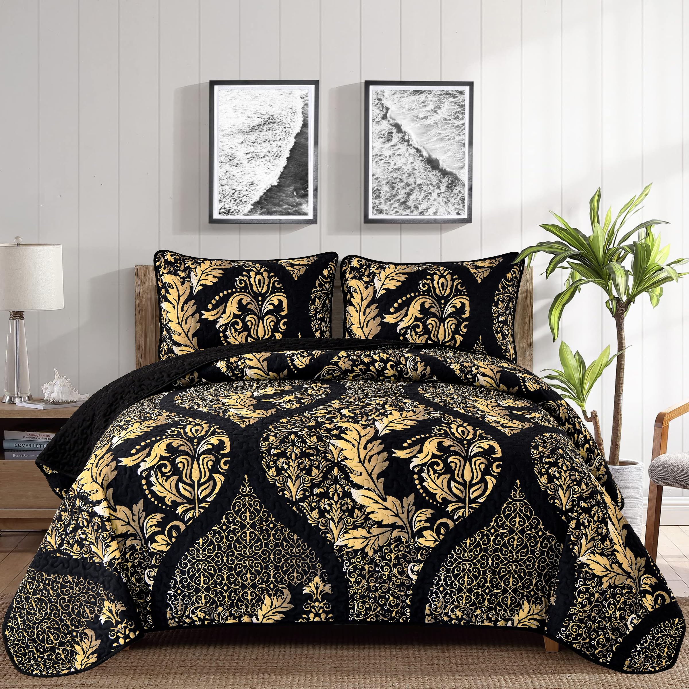 Black Quilt Set King Size, Boho Gold Damask Bedspread Coverlet Set Soft Lightweight Microfiber Bedding Set 3 Pieces For All Seas