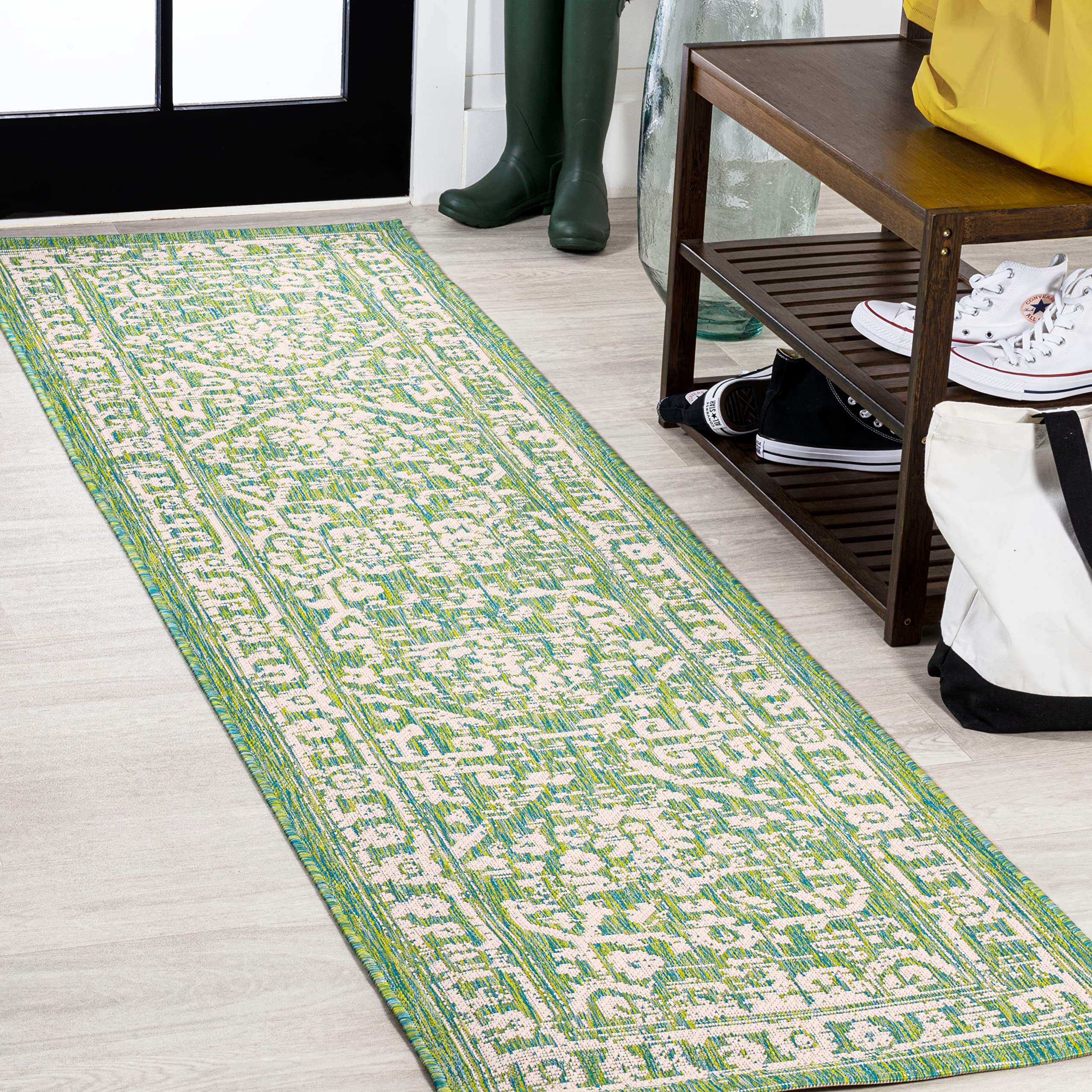 Jonathan Y Smb104F-28 Malta Bohemian Medallion Textured Weave Indoor Outdoor Area Rug, Coastal, Traditional, Transitional Easy Cleaning,Bedroom,Kitchen,Backyard,Patio,Non Shedding, Cream/Green, 2 X 8
