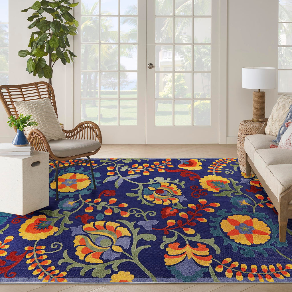 Nourison Aloha Indoor-Outdoor Navy Multicolor 7'10' X 10'6' Area Rug, Easy Cleaning, Non Shedding, Bed Room, Living Room, Dini