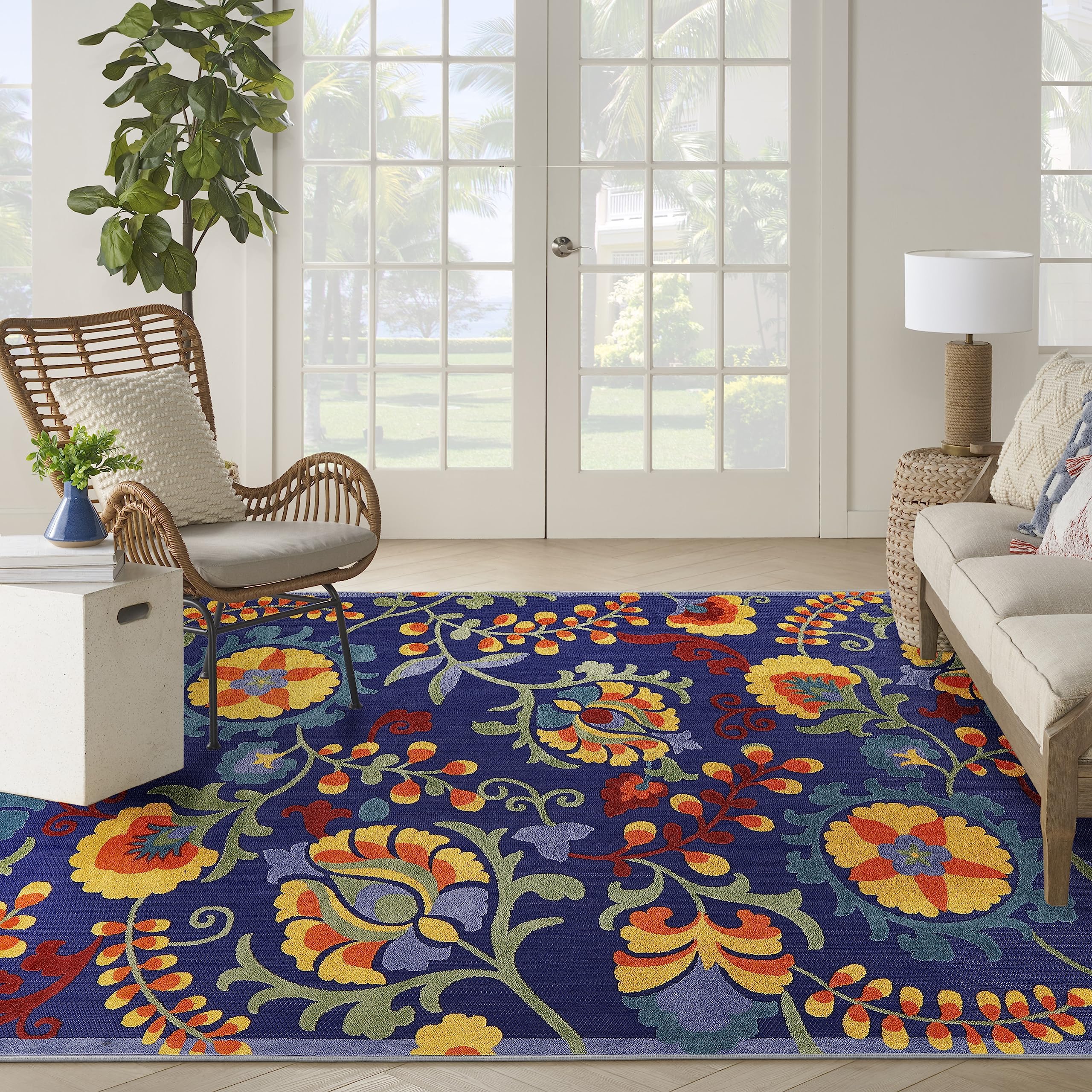 Nourison Aloha Indoor-Outdoor Navy Multicolor 7'10' X 10'6' Area Rug, Easy Cleaning, Non Shedding, Bed Room, Living Room, Dini