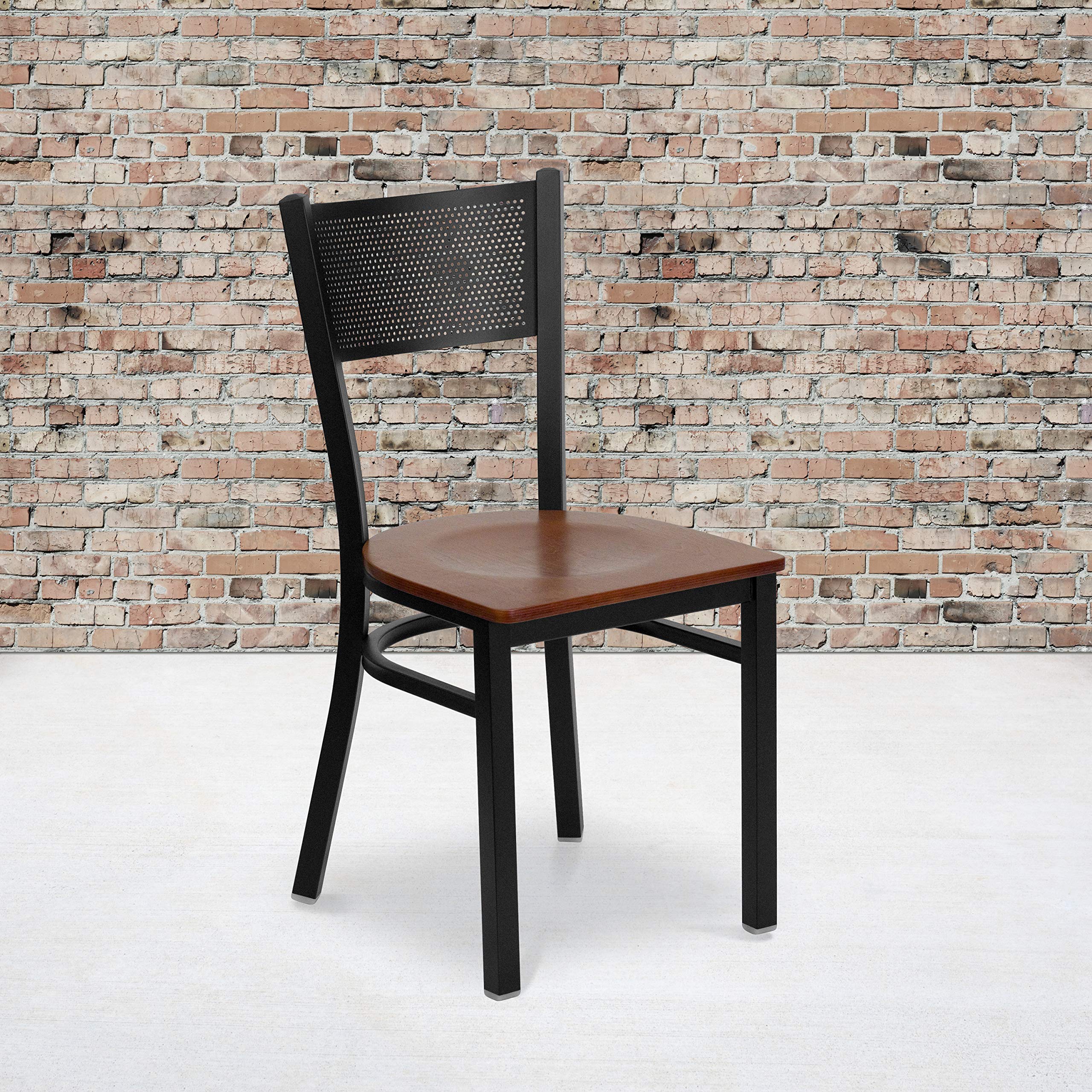 2 Pk. HERCULES Series Black Grid Back Metal Restaurant Chair - Cherry Wood Seat