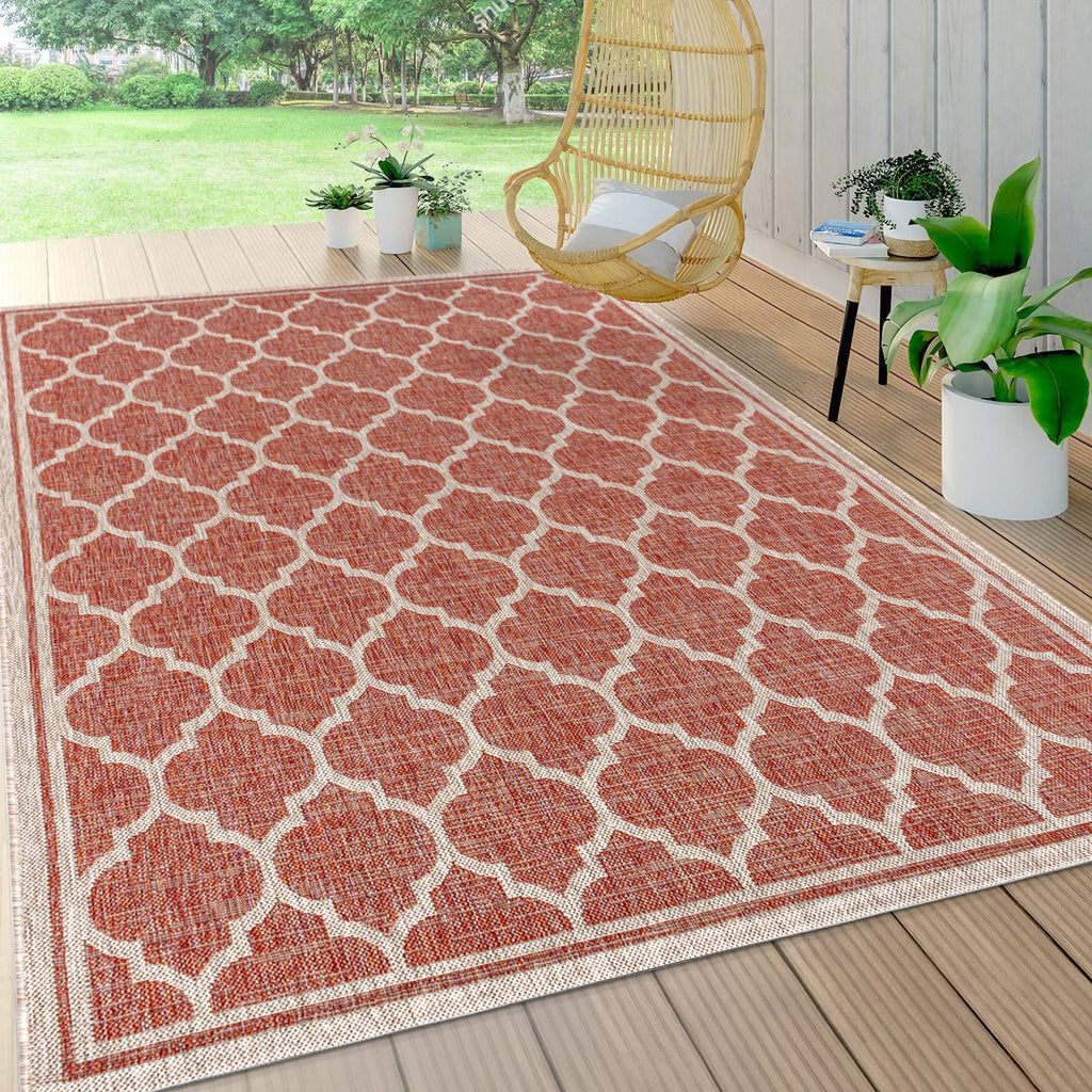 Jonathan Y Smb109C-3 Trebol Moroccan Trellis Textured Weave Indoor Outdoor Area Rug Bohemian Modern Easy Cleaning Bedroom Kitchen Backyard Patio Non Shedding, 3 X 5, Red/Beige