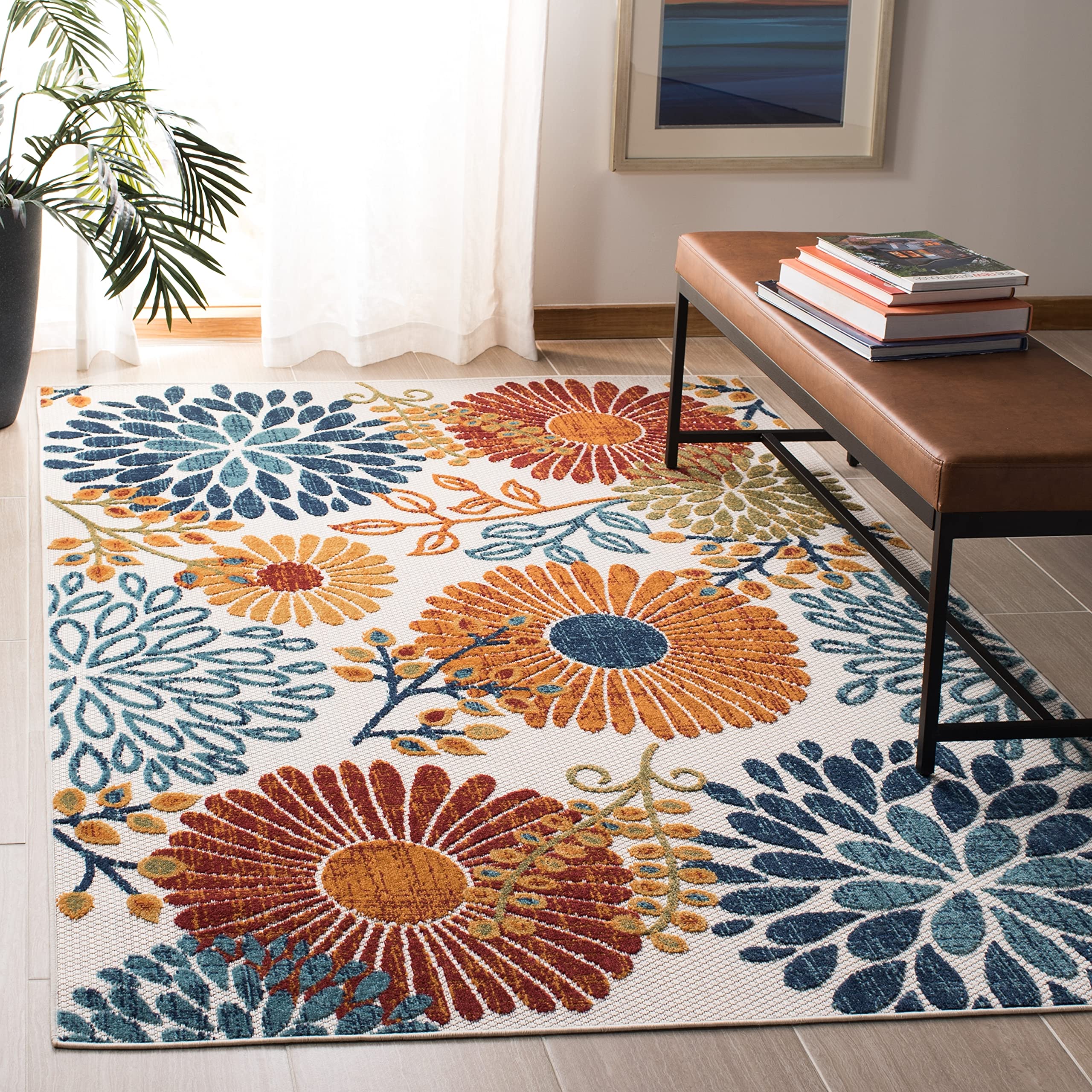 Safavieh Cabana Collection Runner Rug - 2' X 8', Grey & Blue, Floral Design, Non-Shedding & Easy Care, Indoor/Outdoor & Washable-Ideal For Patio, Backyard, Mudroom (Cbn832F)