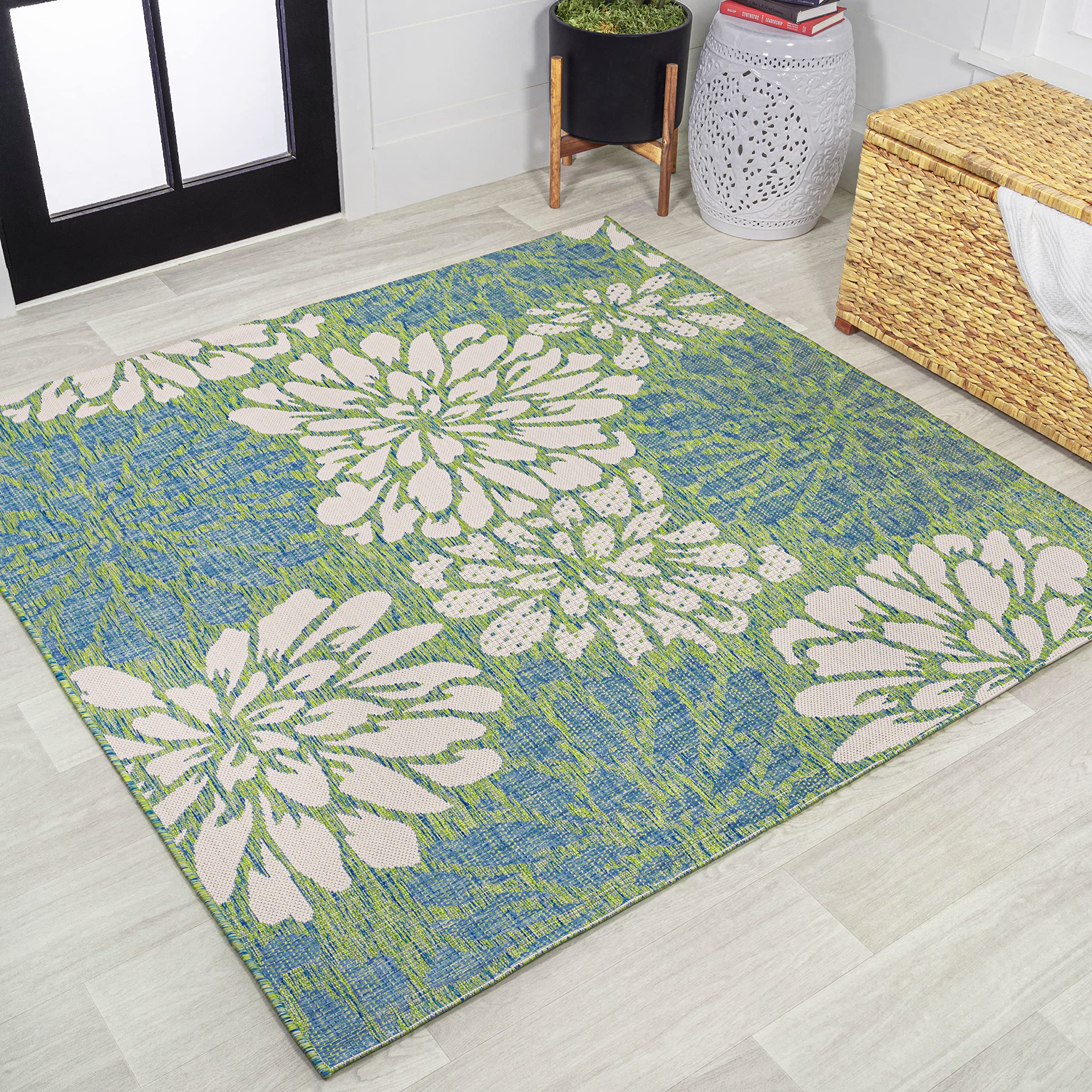 Jonathan Y Smb110D-4Sq Zinnia Modern Floral Textured Weave Cream/Green 4' Square Indoor/Outdoor Area Rug, Pet Friendly, Non-Shed