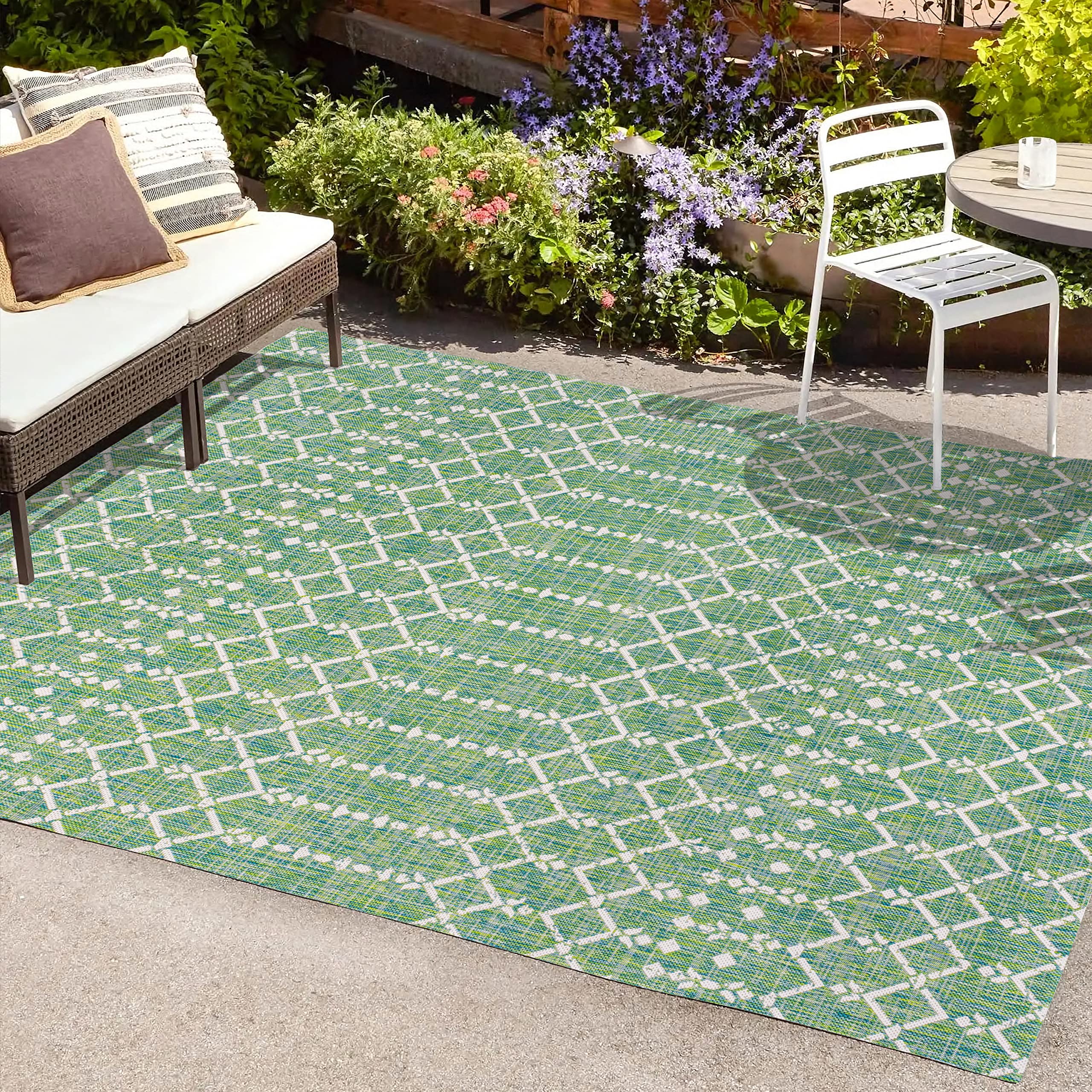 Jonathan Y Smb108L-8 Ourika Moroccan Geometric Textured Weave Indoor Outdoor Area-Rug, Bohemian Rustic Scandinavian Easy-Cleaning,Bedroom,Kitchen,Backyard,Patio,Non Shedding, 8 X 10, Green/Cream
