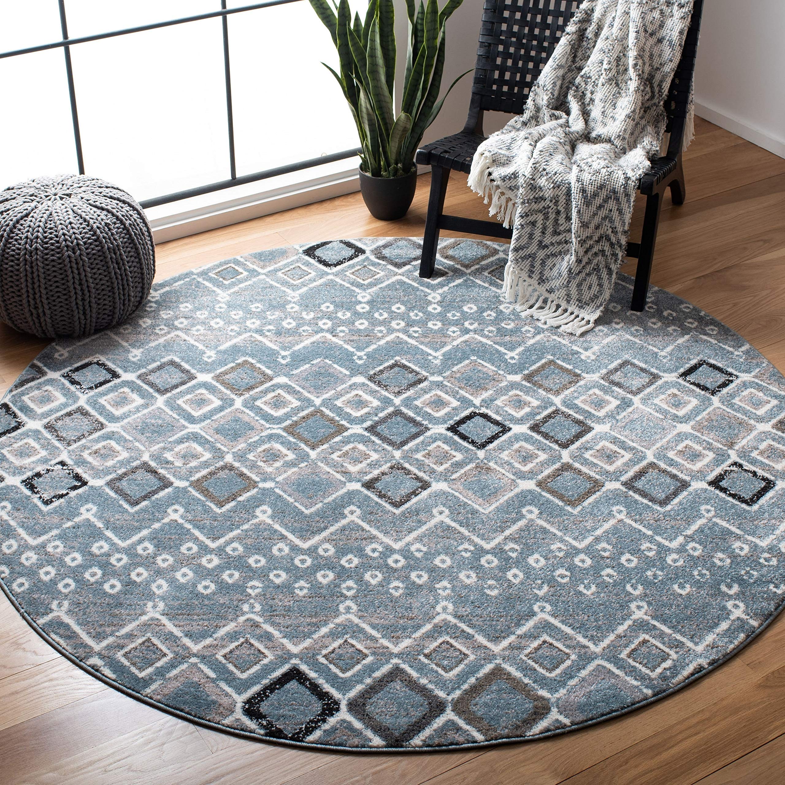 SAFAVIEH Amsterdam Collection 5'1'' Round Blue/Ivory AMS108L Moroccan Boho Non-Shedding Living Room Bedroom Area Rug