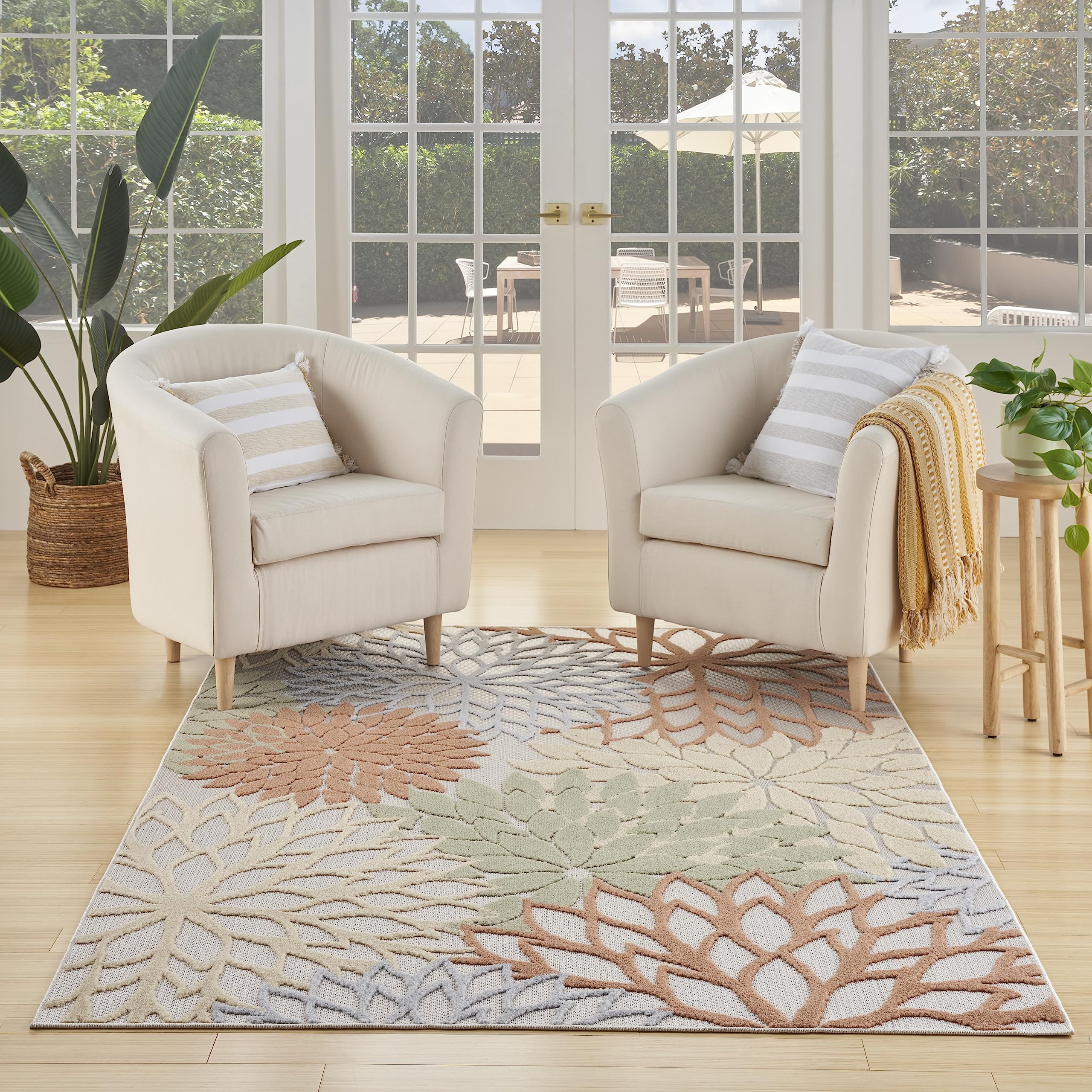 Nourison Aloha Indoor-Outdoor Ivory Multicolor 5'3' X 7'5' Area Rug, Easy Cleaning, Non Shedding, Bed Room, Living Room, Dinin