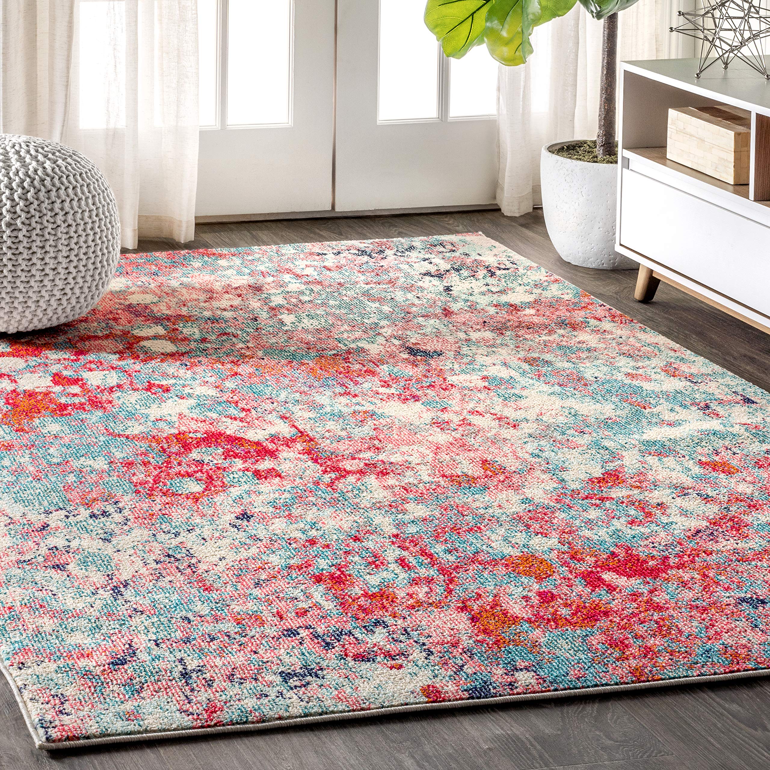 JONATHAN Y CTP108B-3 Contemporary POP Modern Abstract Blue/Red 3 ft. x 5 ft. Area-Rug, Bohemian, Easy-Cleaning, for Bedroom, Kit