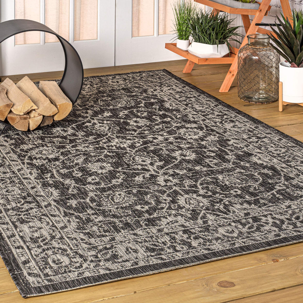Jonathan Y Smb103C-8 Palazzo Vine And Border Textured Weave Indoor Outdoor Area Rug Coastal Bohemian Rustic Glam Easy Cleaning Bedroom Kitchen Backyard Patio Non Shedding, 8 X 10, Black/Gray