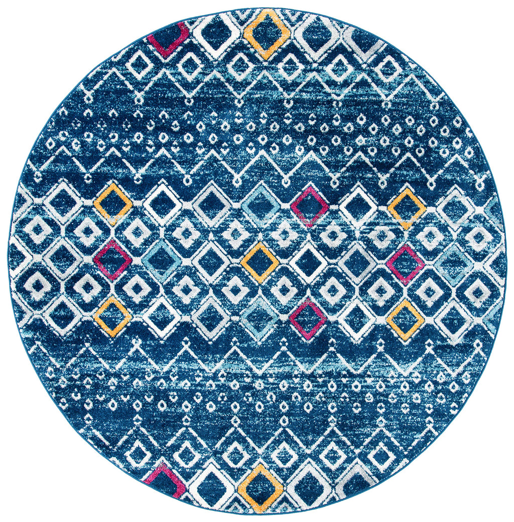 Safavieh Amsterdam Collection Area Rug - 5'1'' Round, Navy & Turquoise, Moroccan Boho Design, Non-Shedding & Easy Care, Ideal Fo