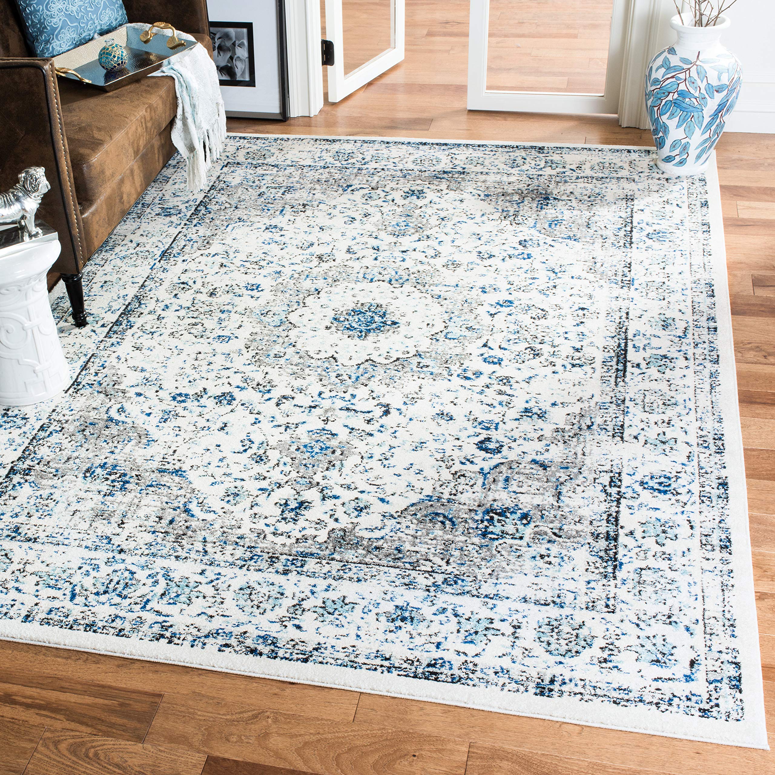 SAFAVIEH Evoke Collection Area Rug - 67 Square, Ivory & Grey, Shabby Chic Oriental Medallion Design, Non-Shedding & Easy Care, 