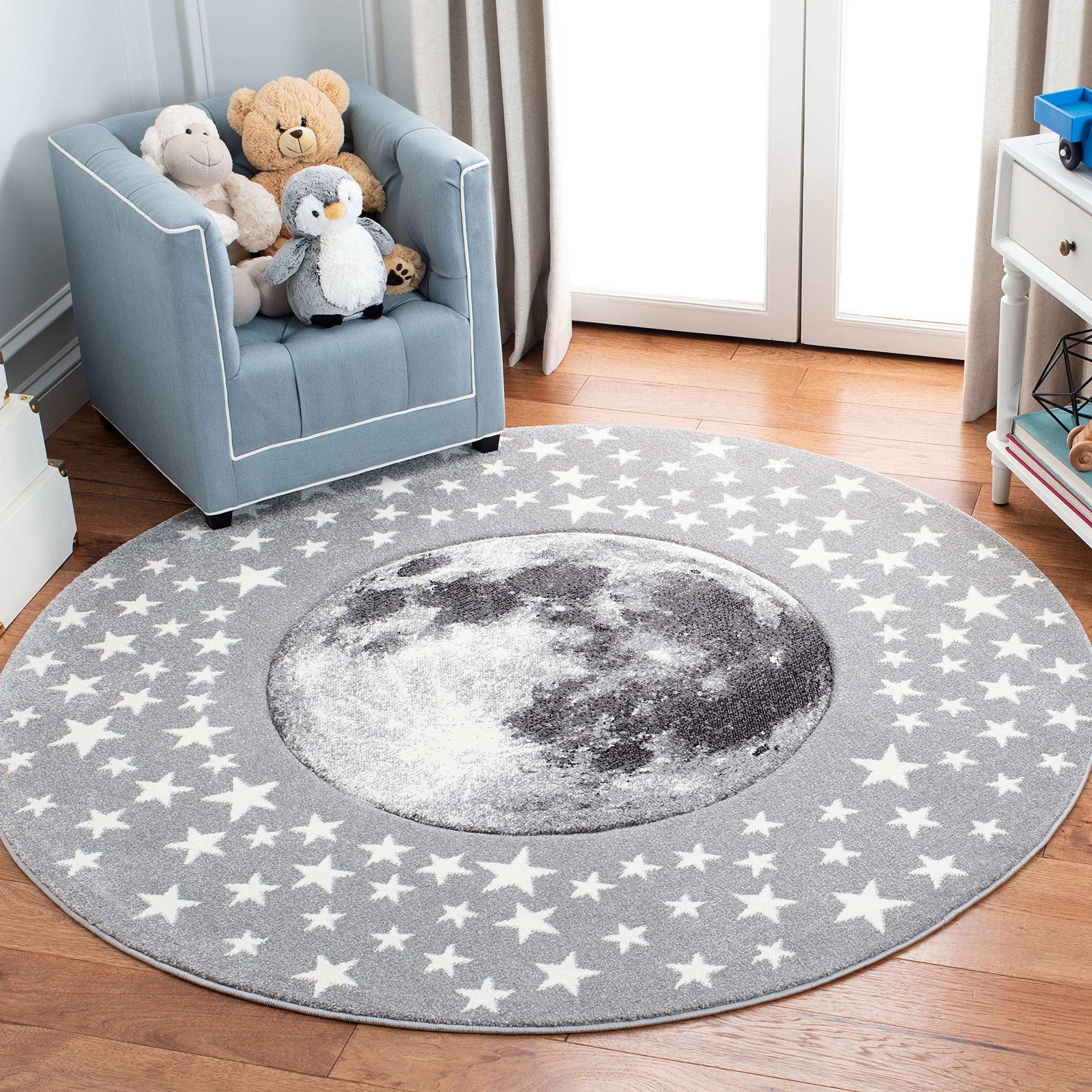Safavieh Carousel Kids Collection 53 Round Light Grey/White CRK135F Moon and Stars Nursery Playroom Area Rug