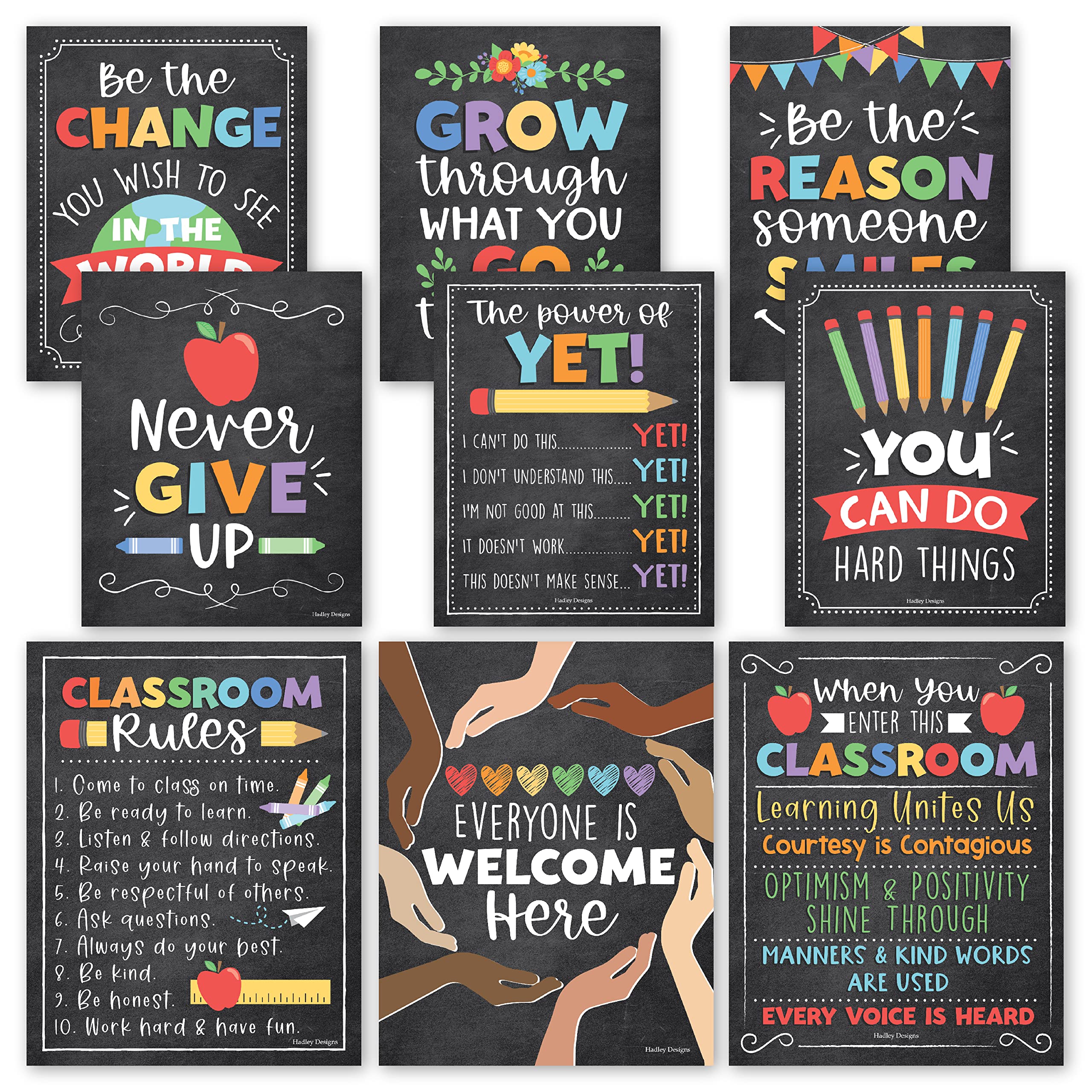 Hadley Designs 9 Colorful Classroom Decor Signs - Welcome Sign For Classroom Motivation, Bulletin Board Decorations, Growth Mind