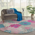 Nourison Passion Grey 8' X Round Area Rug, Floral, Farmhouse, Easy Cleaning, Non Shedding, Bed Room, Living Room, Dining Room, Kitchen, (8' Round)