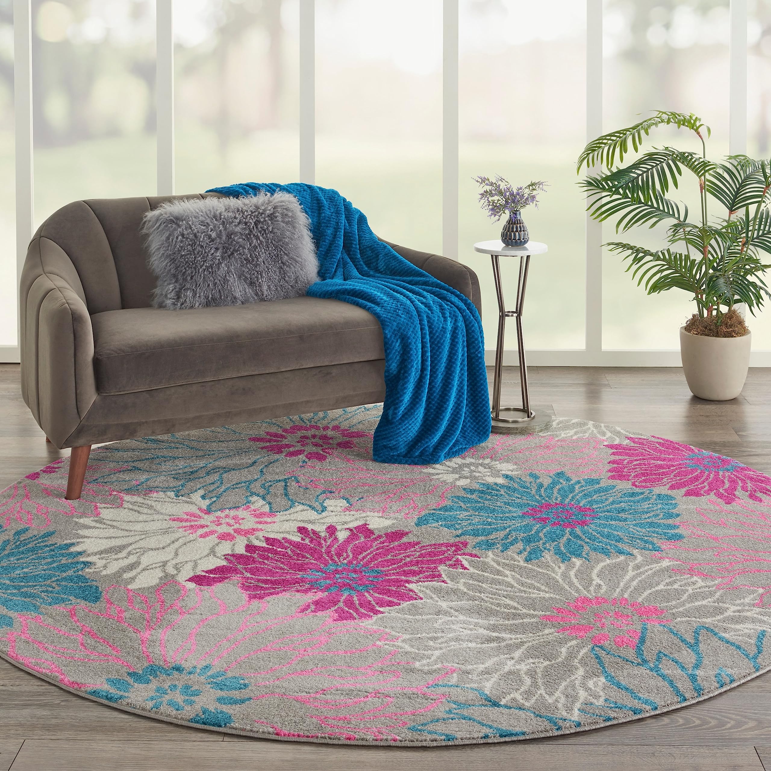 Nourison Passion Grey 8' X Round Area Rug, Floral, Farmhouse, Easy Cleaning, Non Shedding, Bed Room, Living Room, Dining Room, Kitchen, (8' Round)