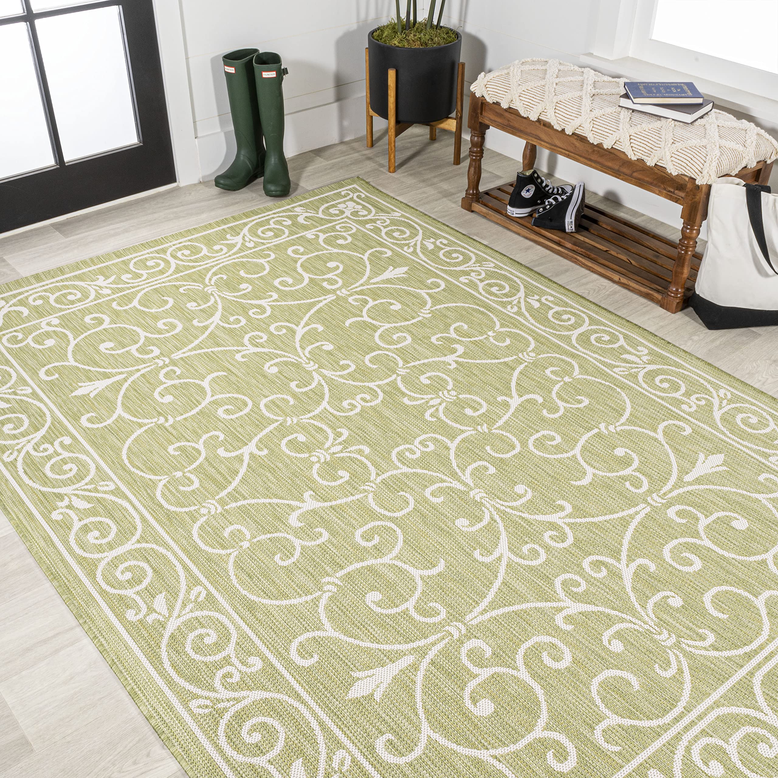 Jonathan Y Smb106H-5 Charleston Vintage Filigree Textured Weave Indoor Outdoor Area Rug, Coastal,Traditional,Transitional Easy Clean,Bedroom,Kitchen,Backyard,Patio, Non-Shed, Green/Cream, 5 X 8
