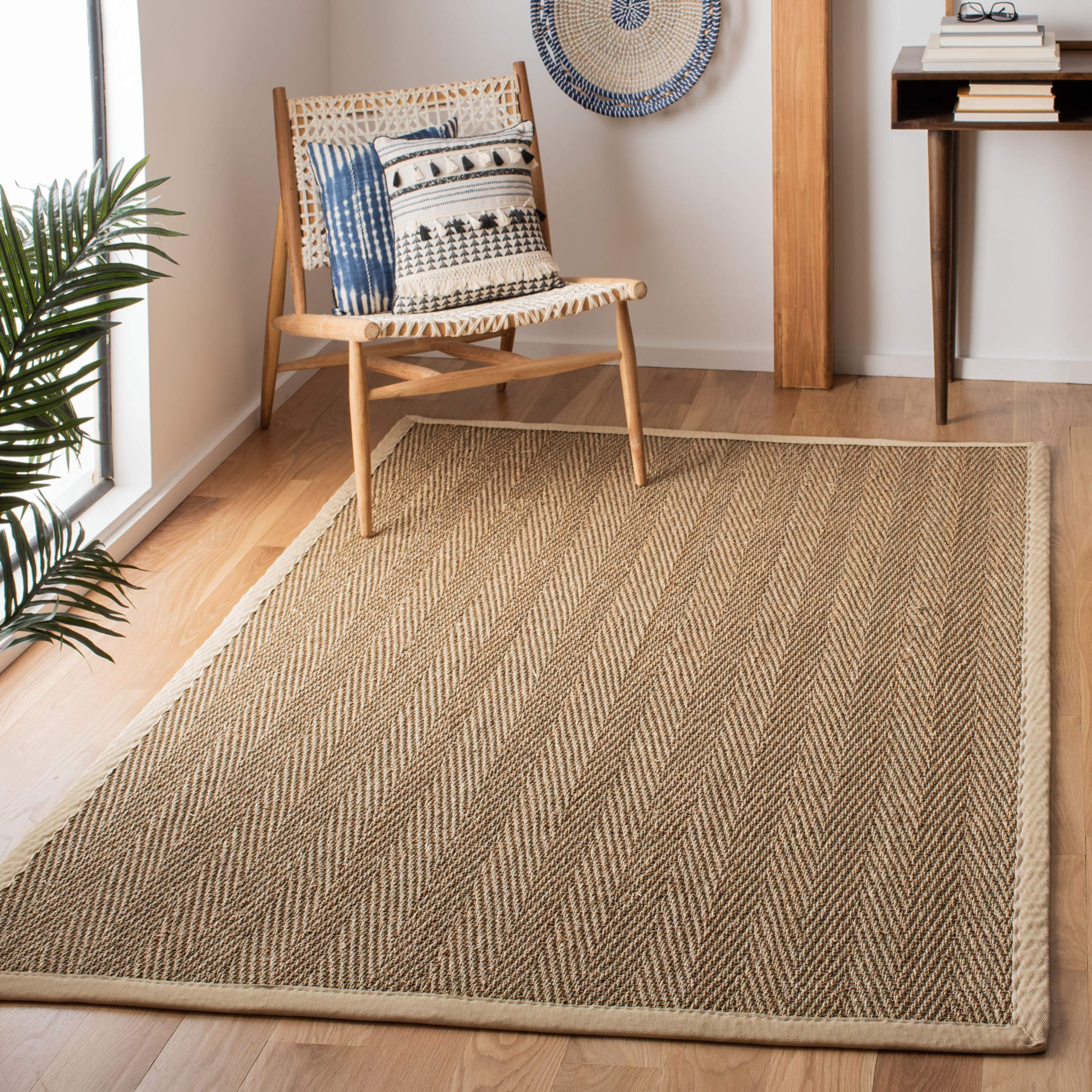 SAFAVIEH Natural Fiber Collection 6 Square Ivory NF115J Border Herringbone Seagrass Area Rug