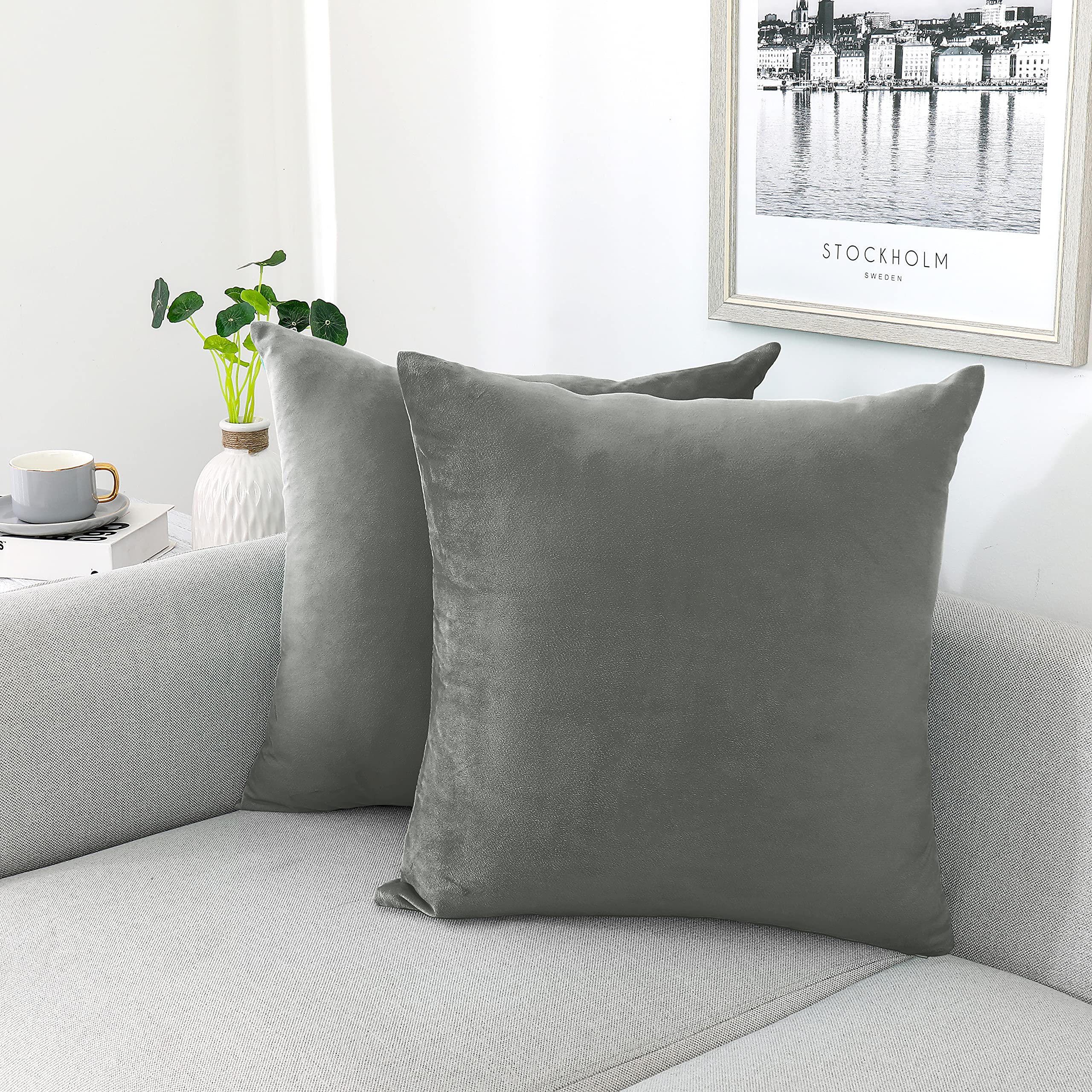 Nini All Decorative Throw Pillow Covers Velvet Soft For Couch Sofa Bedroom Living Room Outdoor Pack Of 2 20X20 Inch Grey