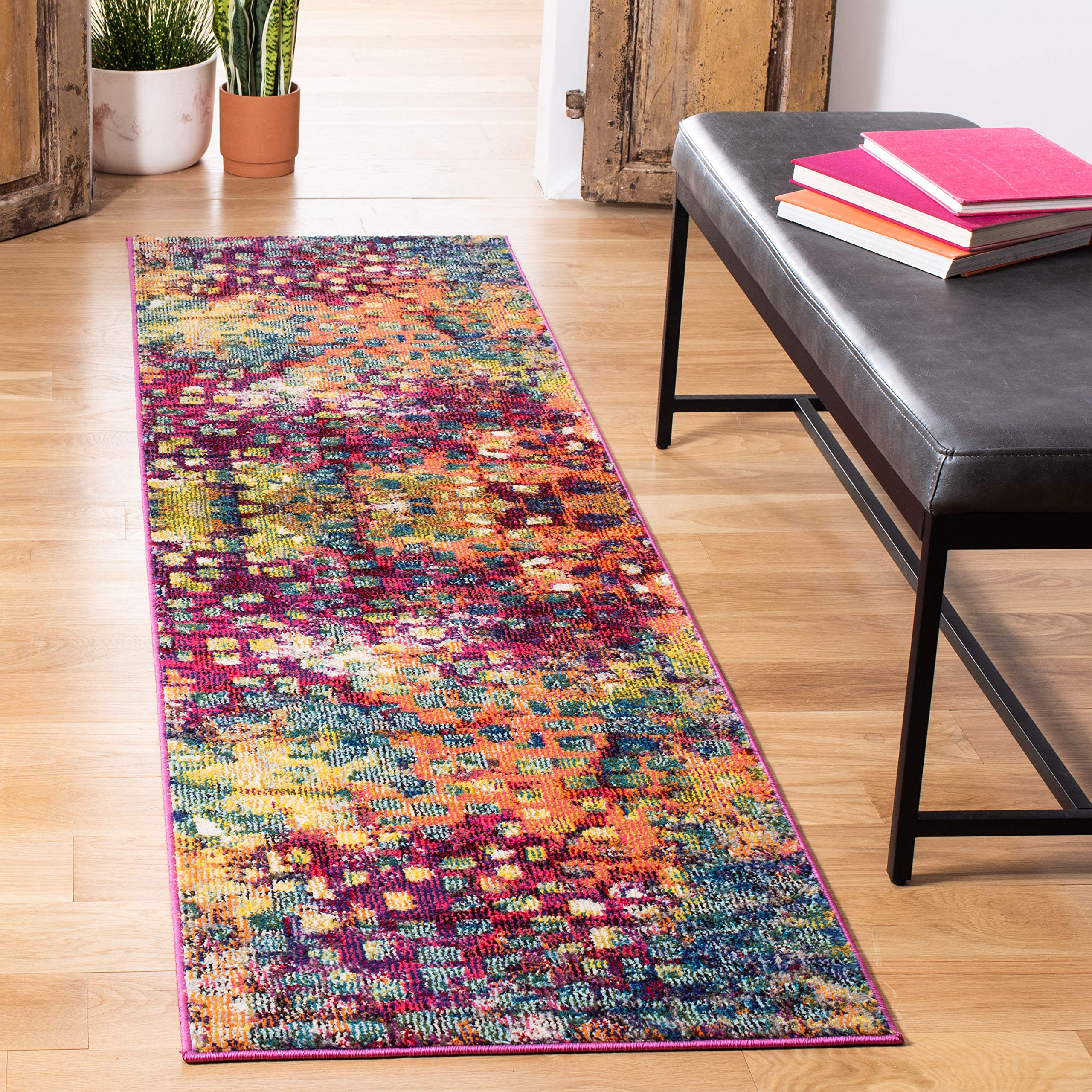 SAFAVIEH Monaco Collection Runner Rug - 23 x 16, Pink & Multi, Boho Chic Abstract Watercolor Design, Non-Shedding & Easy Care,