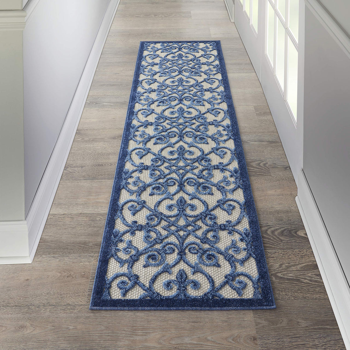 Nourison Aloha Indoor/Outdoor Grey/Blue 2'3' X 10' Area Rug, Transitional, French Country, Easy Cleaning, Non Shedding, Bed Roo