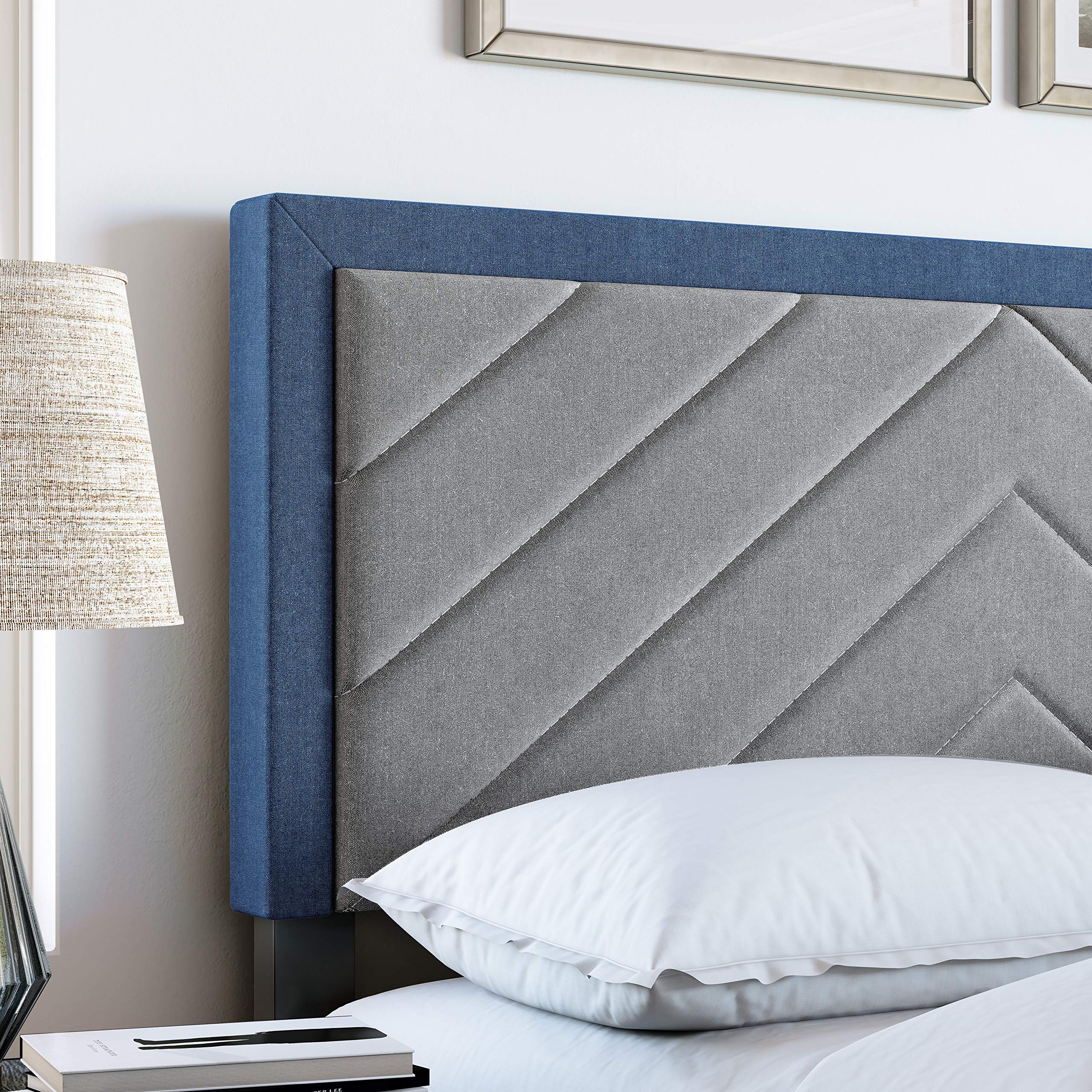 Boyd Sleep Barcelona Upholstered Platform Bed with Headboard and Durable Mattress Foundation with Strong 14 Wood Slat Supports, No BoxSpring Required: Queen, Blue/Gray
