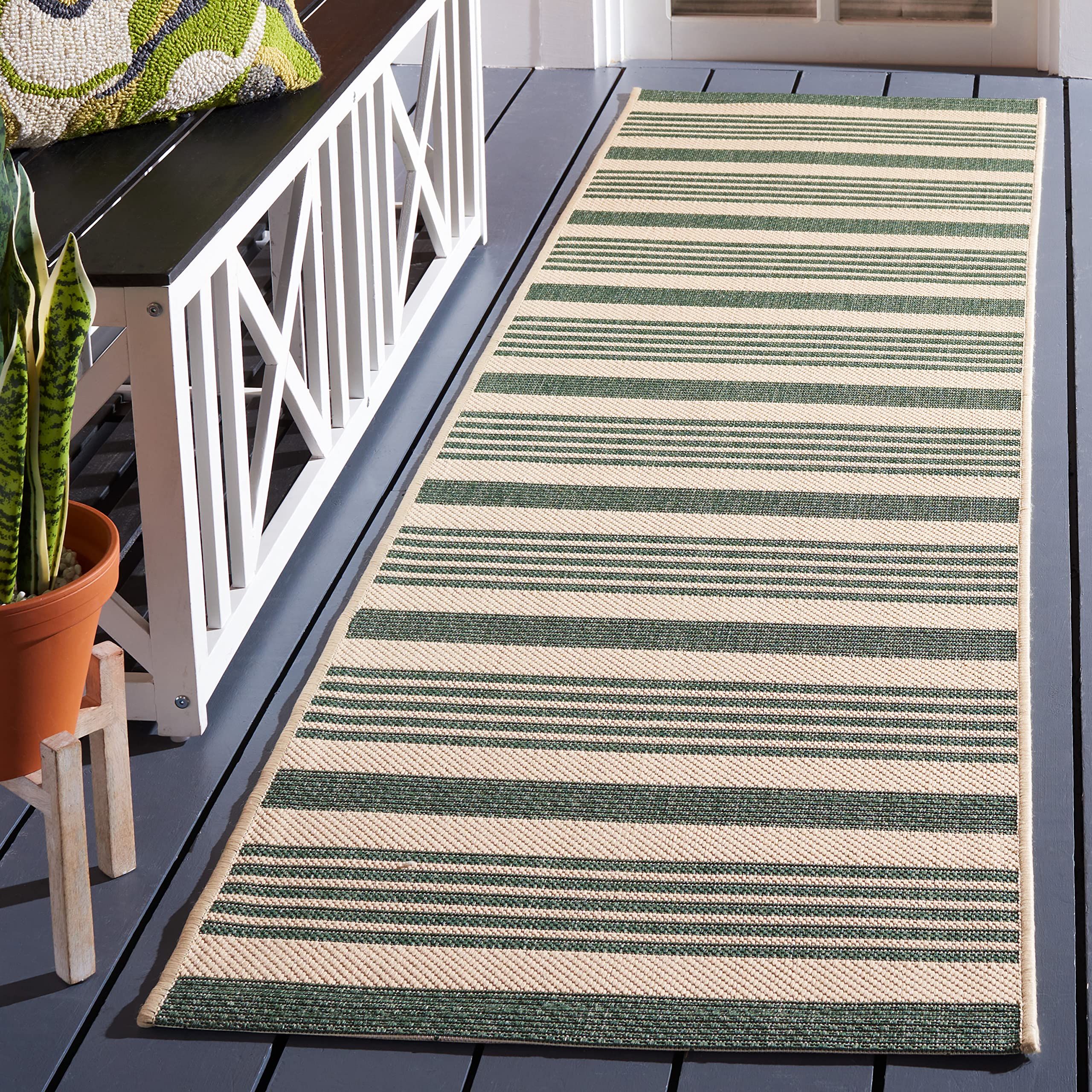 SAFAVIEH Courtyard Collection Runner Rug - 2'3'' x 6'7'', Beige & Dark Green, Stripe Design, Non-Shedding & Easy Care, Indoor/Ou