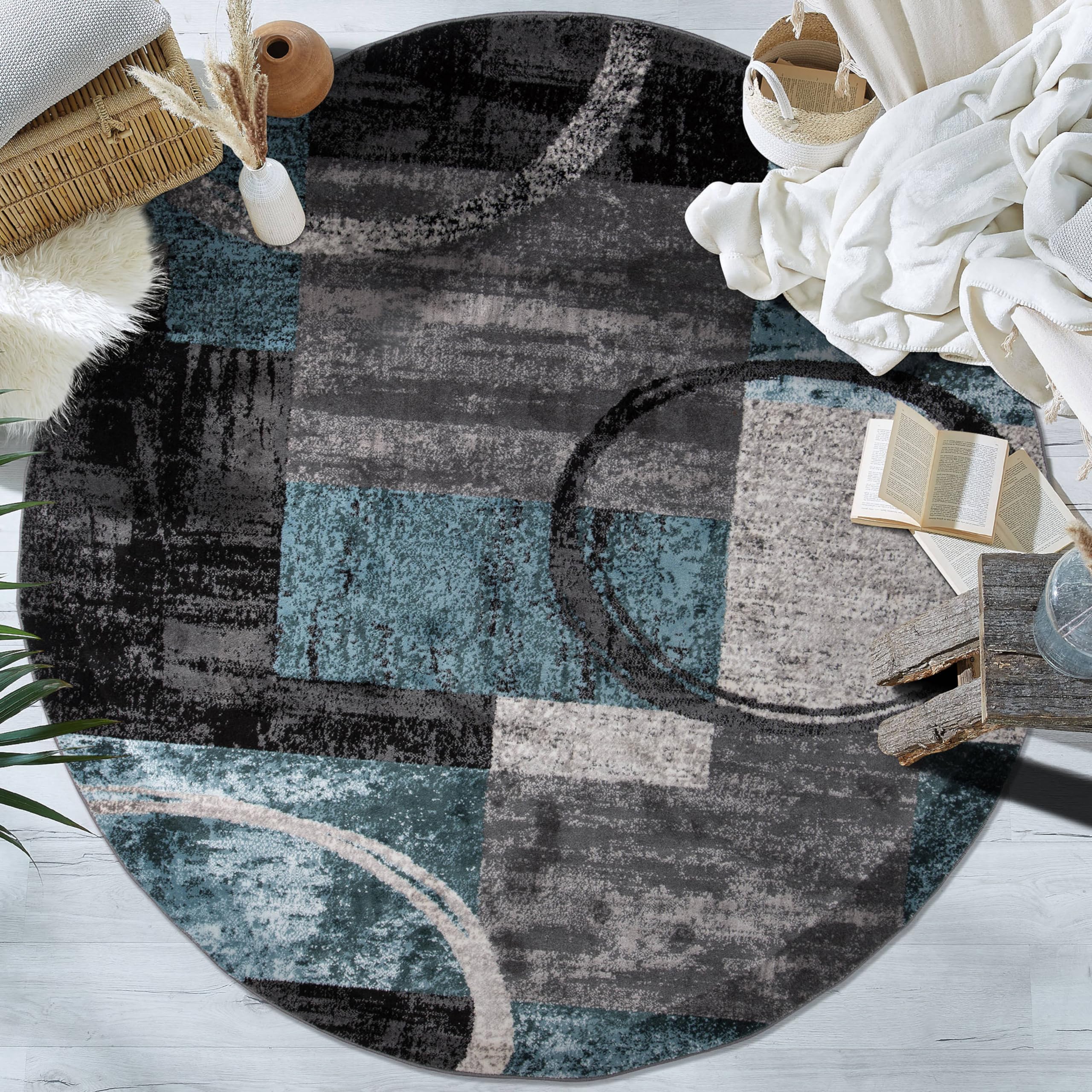 Rugshop Contemporary Abstract Circle Design Soft Round Area Rug 8' Gray