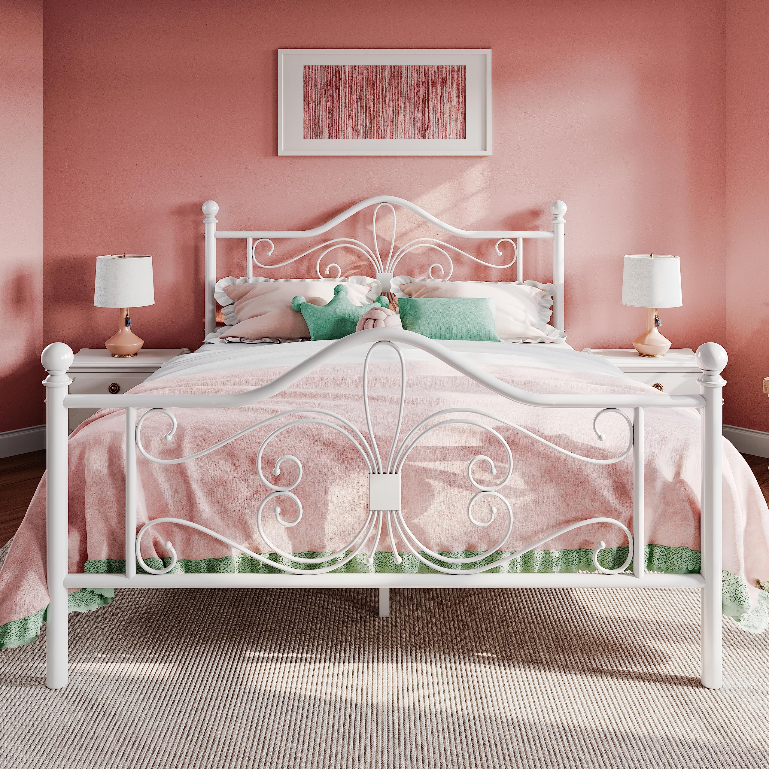 SHA CERLIN Queen Size Bed Frame with Headboard,Metal Bed Frame with Butterfly Pattern Design Headboard & Footboard,No Box Spring