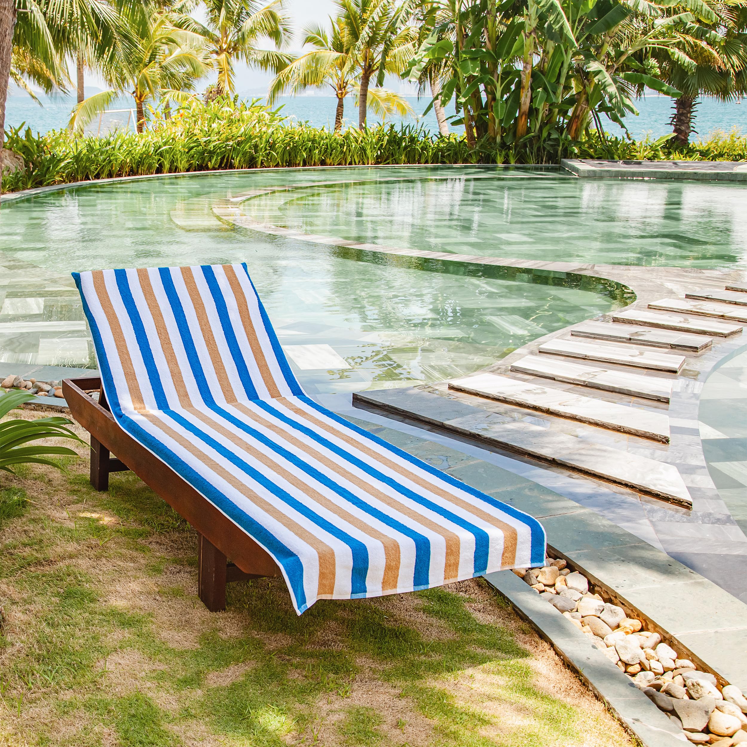 Arkwright Cabo Chaise Lounge Cover - Pack Of 2 - Striped Soft Cotton Cabana Towel With Pocket Holder For Beach Pool Outdoor Chair, 30 X 85 In., Royal Blue/Caf?Ole