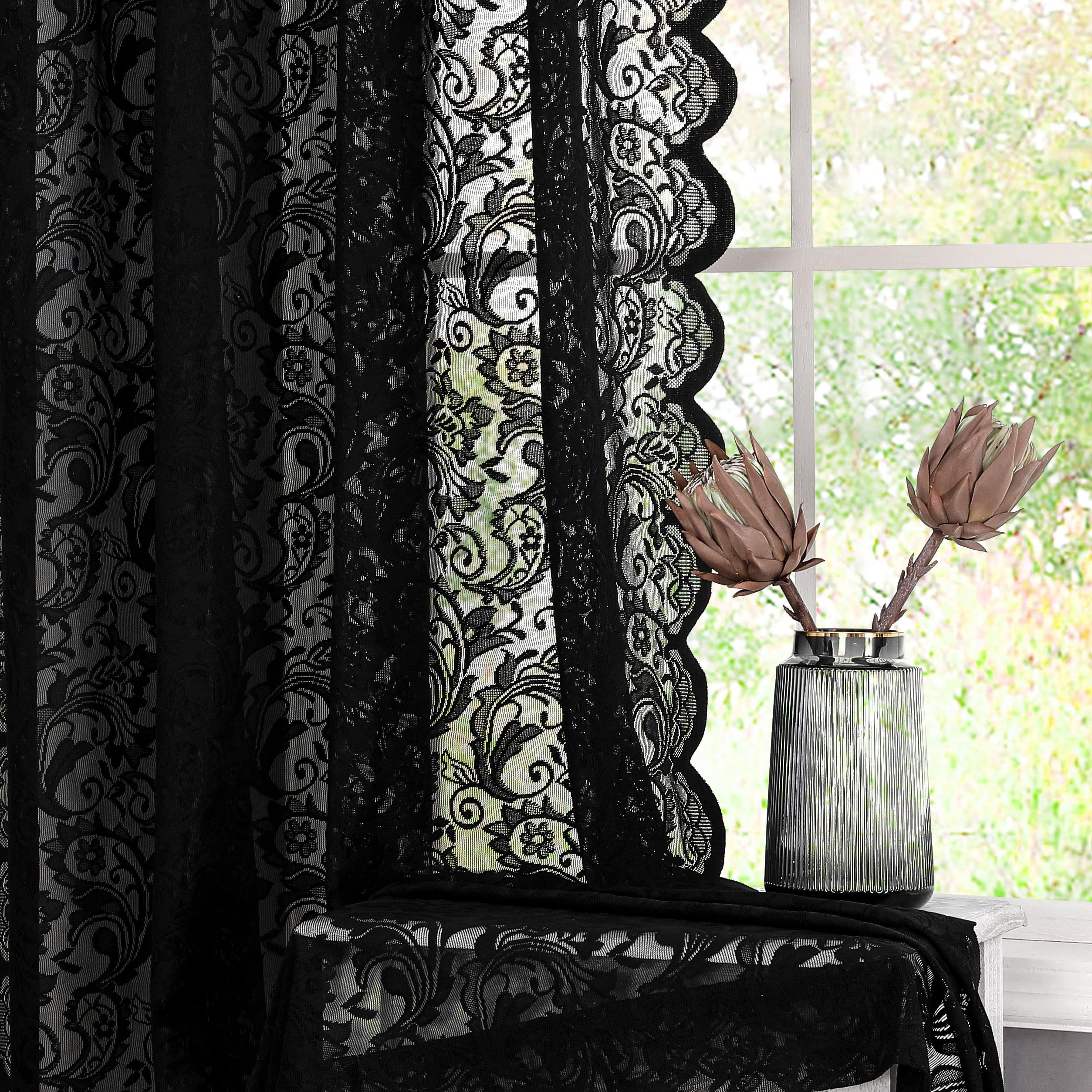 Bujasso Black Lace Sheer Curtains 108 Inch Vintage Floral Sheer Window Curtain Panels For Living Room Bedroom Elegant Light Filt
