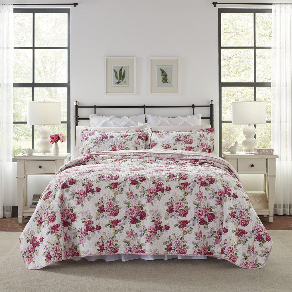 Laura Ashley - Twin Quilt Set, Reversible Cotton Bedding With Matching Sham, Lightweight Home Decor For All Seasons (Lidia Pink,