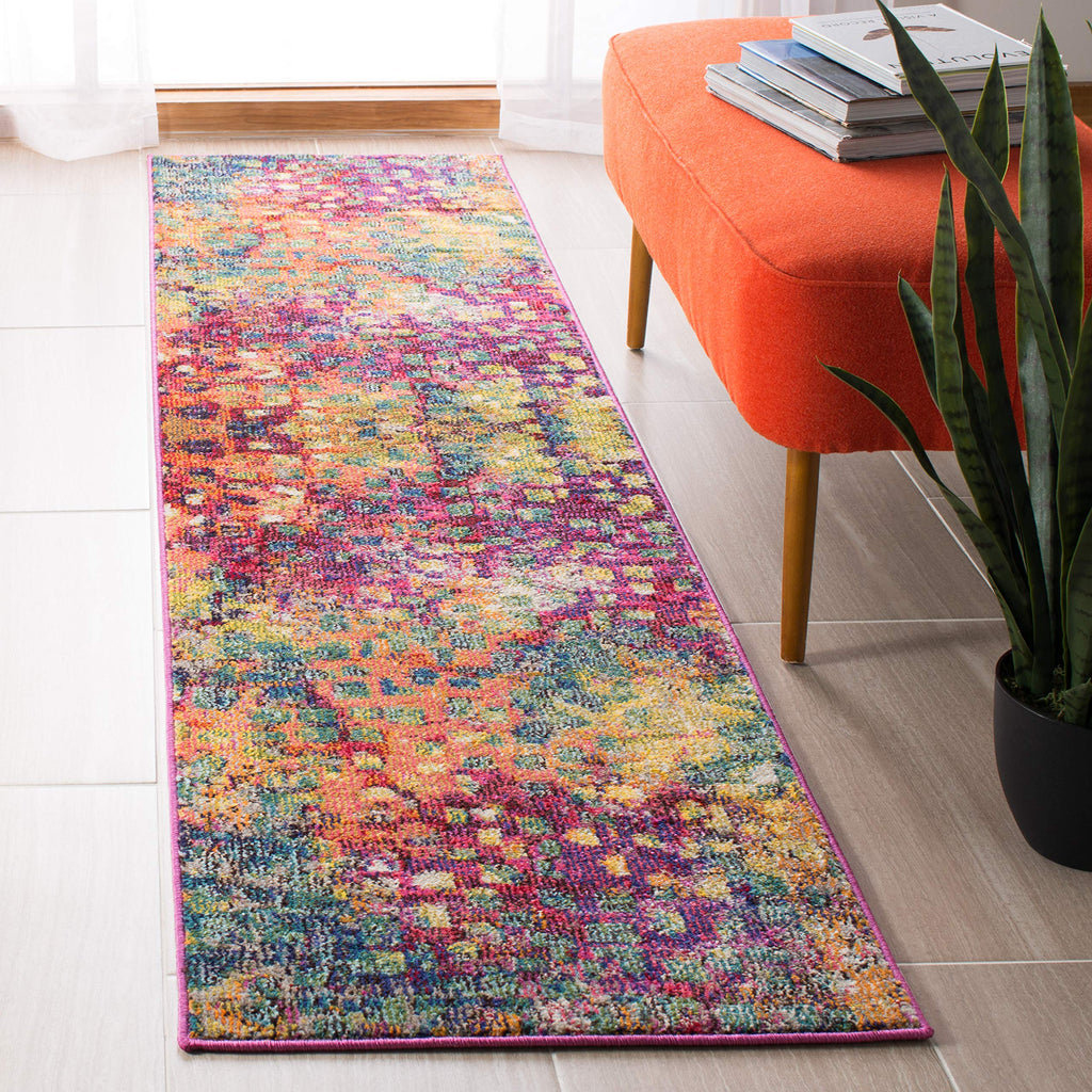 SAFAVIEH Madison Collection Runner Rug - 2'2'' x 20', Fuchsia & Gold, Boho Abstract Distressed Design, Non-Shedding & Easy Care,