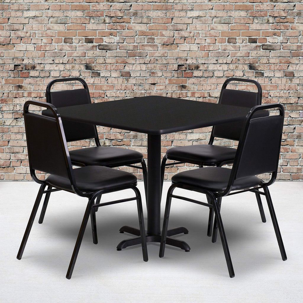 Flash Furniture 5-Piece 36" Square Laminate Dining Table/Chairs Set, Restaurant Dining Set with Table, X-Base, and 4 Trapezoidal Back Chairs, Black
