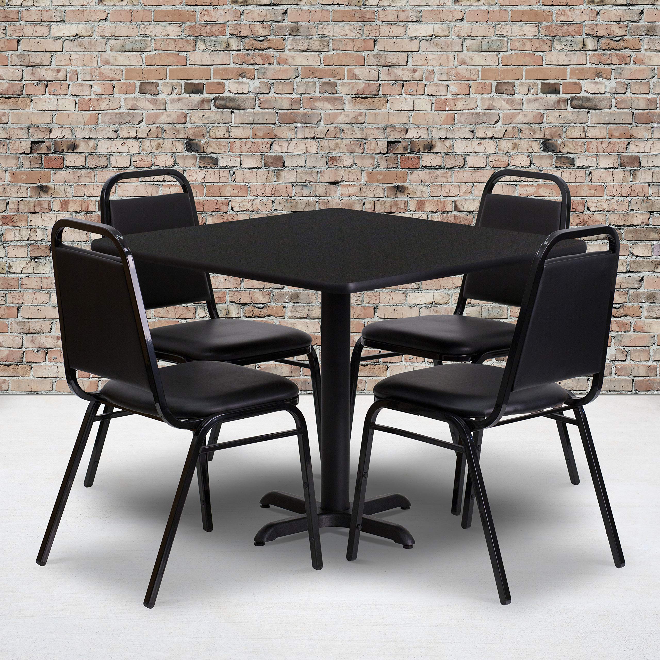 Flash Furniture 5-Piece 36" Square Laminate Dining Table/Chairs Set, Restaurant Dining Set with Table, X-Base, and 4 Trapezoidal Back Chairs, Black