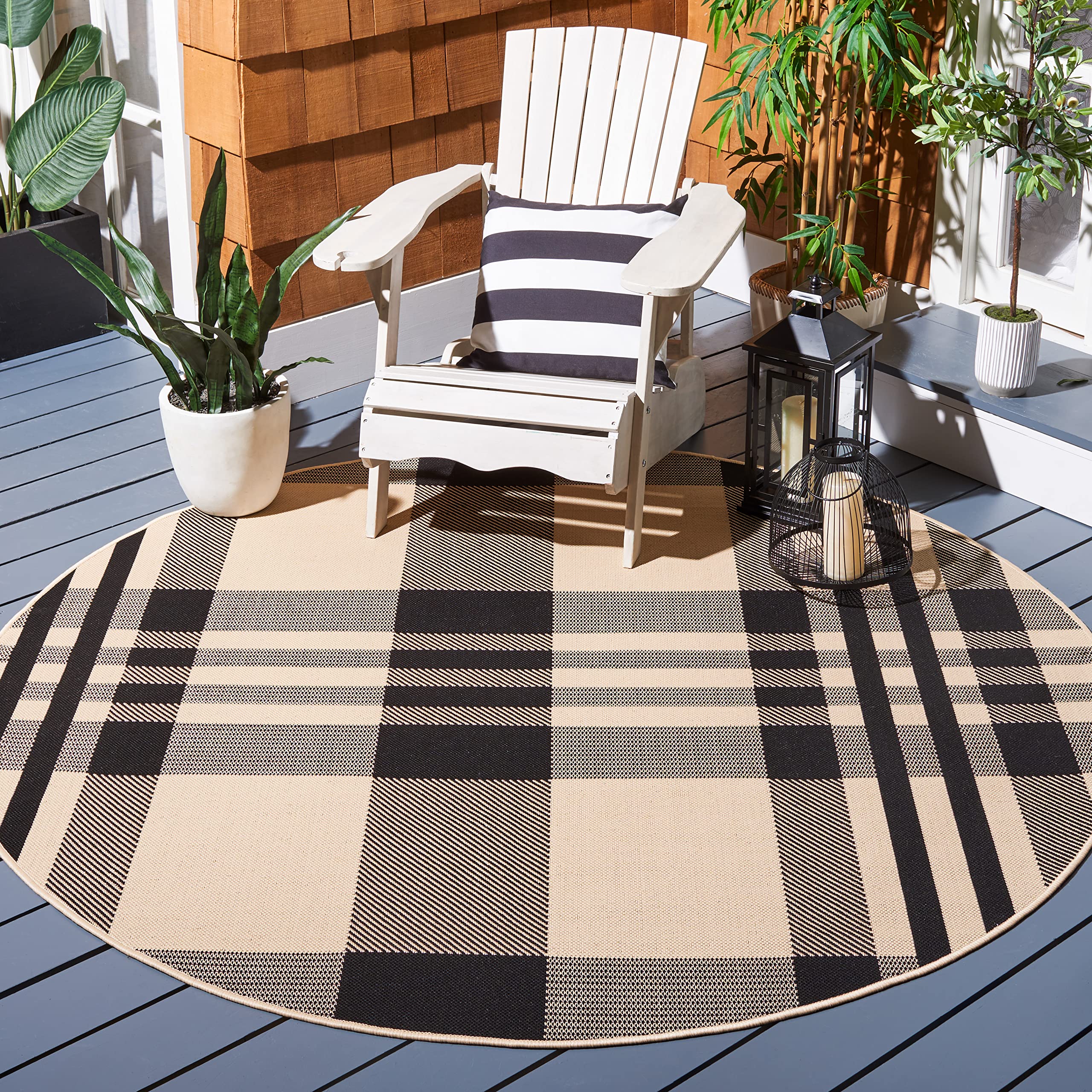 Safavieh Courtyard Collection Area Rug - 7'1 Round, Beige & Anthracite, Plaid Design, Non-Shedding & Easy Care, Indoor/Outdoor &