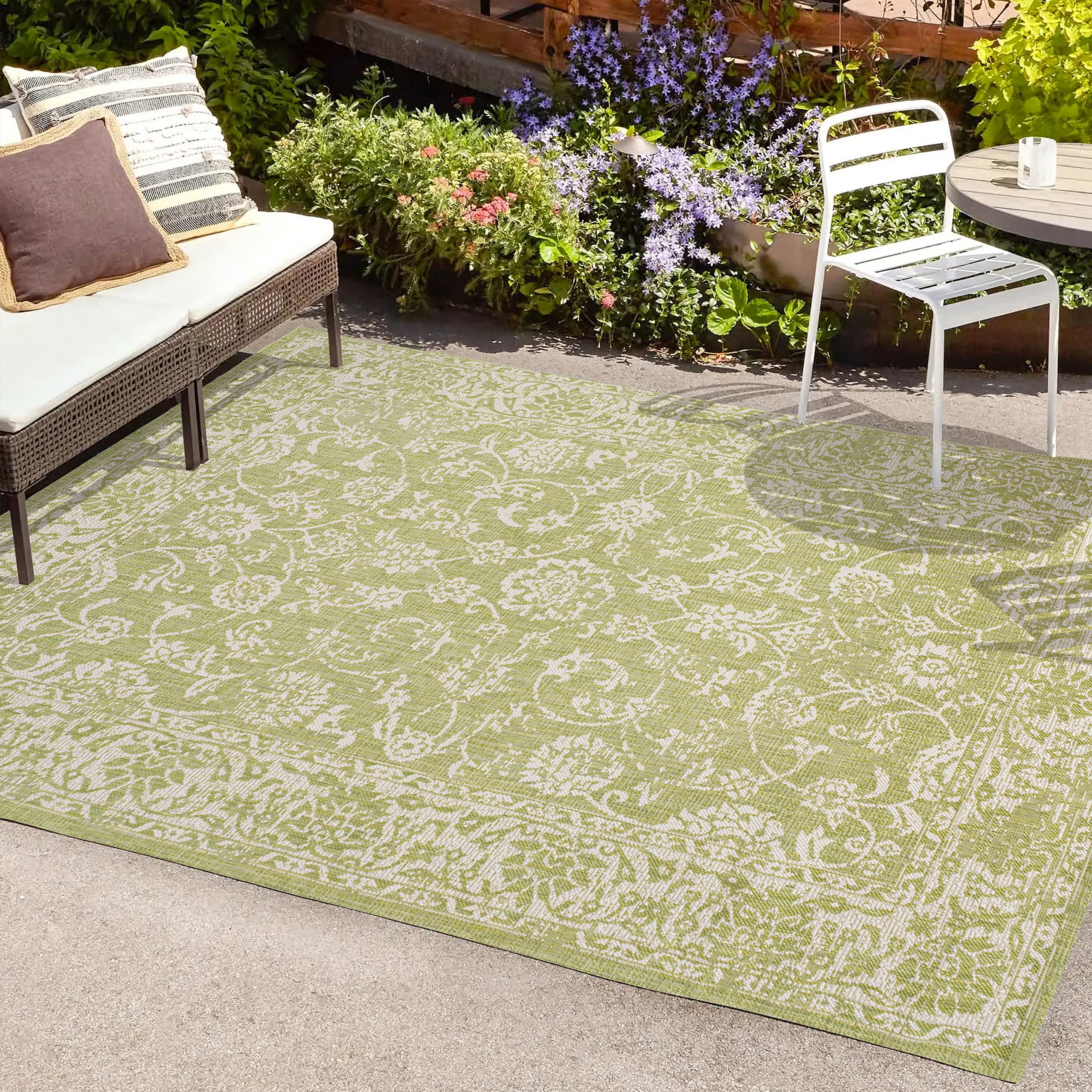 Jonathan Y Smb100D-3 Tela Bohemian Textured Weave Floral Indoor Outdoor Area Rug, Coastal, Traditional, Transitional Easy Cleaning,Bedroom,Kitchen,Backyard,Patio,Non Shedding, Green/Cream, 3 X 5