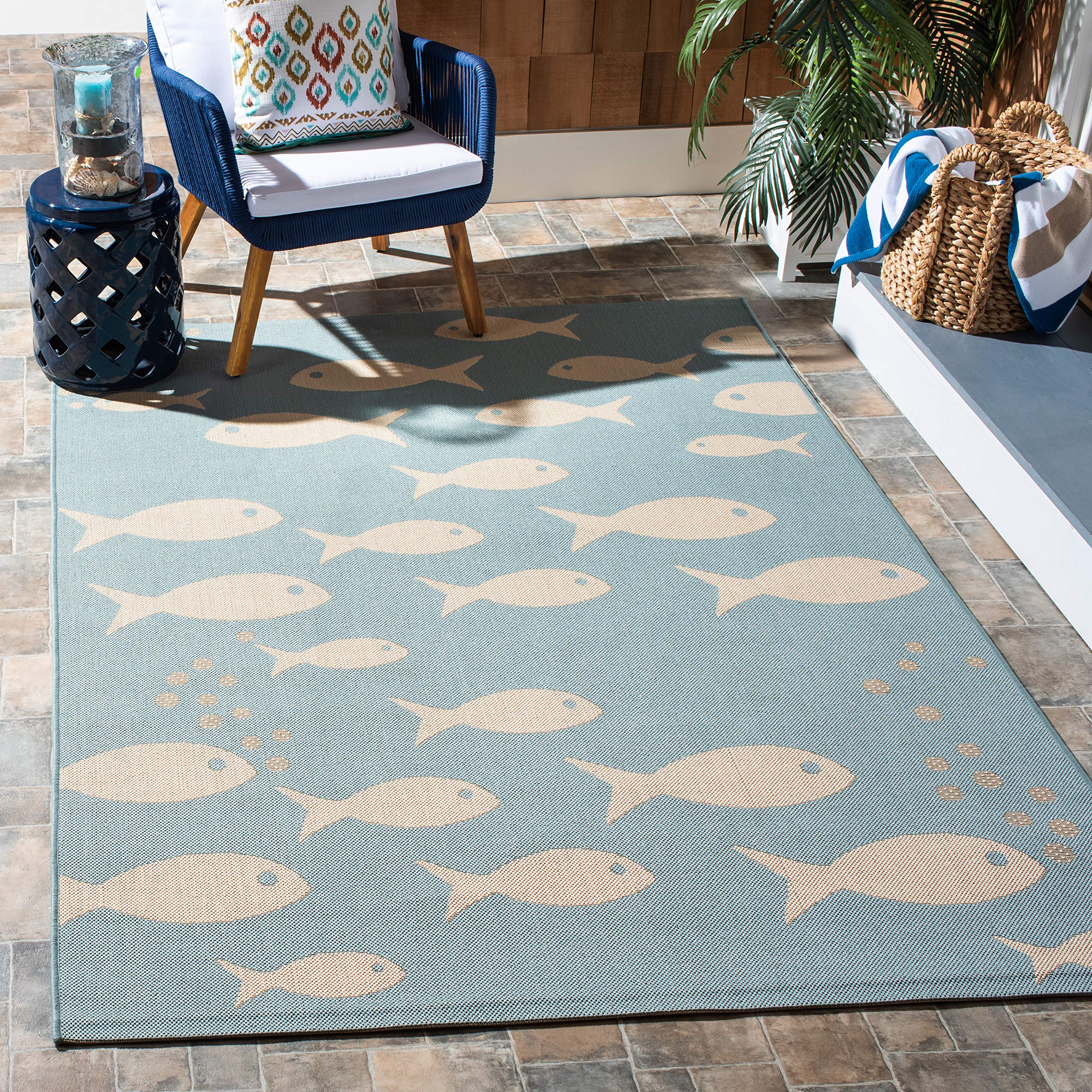Safavieh Courtyard Collection Area Rug - 8' X 10', Aqua & Beige, Non-Shedding & Easy Care, Indoor/Outdoor & Washable-Ideal For P