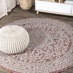 Jonathan Y Smb101A-5R Sinjuri Medallion Textured Weave Indoor Outdoor Area-Rug Coastal Bohemian Rustic Glam Easy Cleaning Bedroom Kitchen Backyard Patio Non Shedding, 5' Round, Red/Taupe