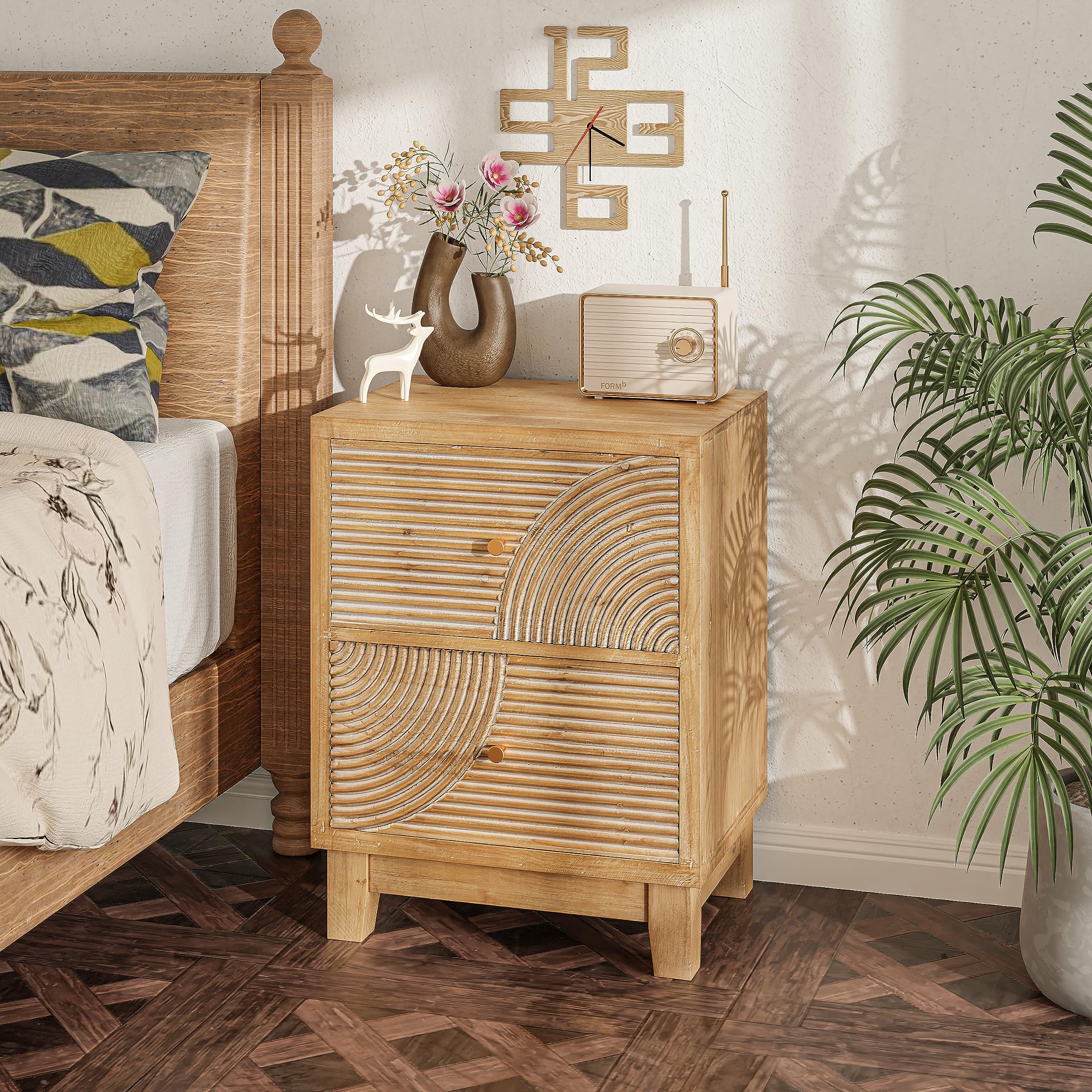 Cozayh 2-Drawer Farmhouse Nightstand, Mid Century Nightstand Fully Assembled With Handcrafted Wood Ring Pattern For Boho, Mid-Century, Rustic Style, Natural Wood