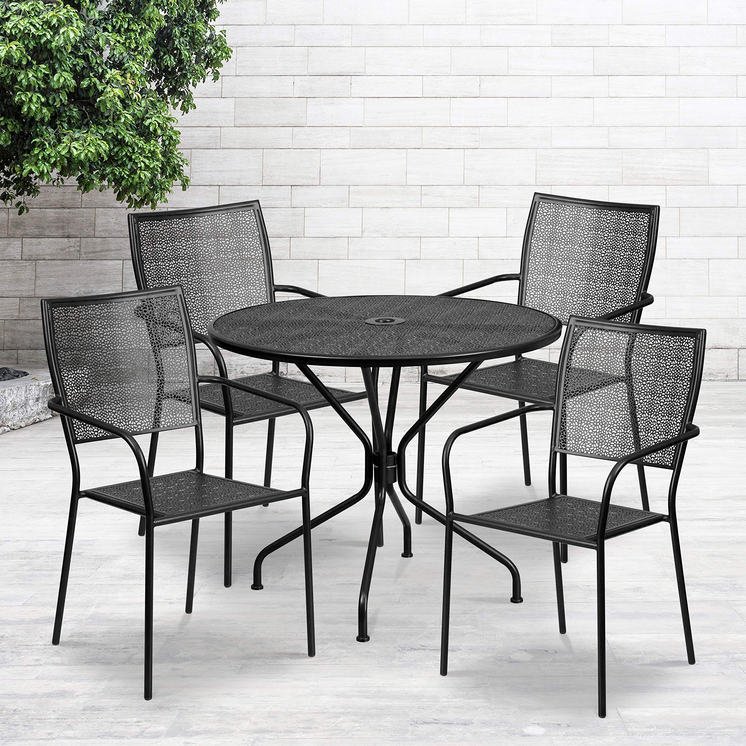 Flash Furniture Oia Commercial Grade 35.25' Round Coral Indoor-Outdoor Steel Patio Table Set With 4 Square Back Chairs