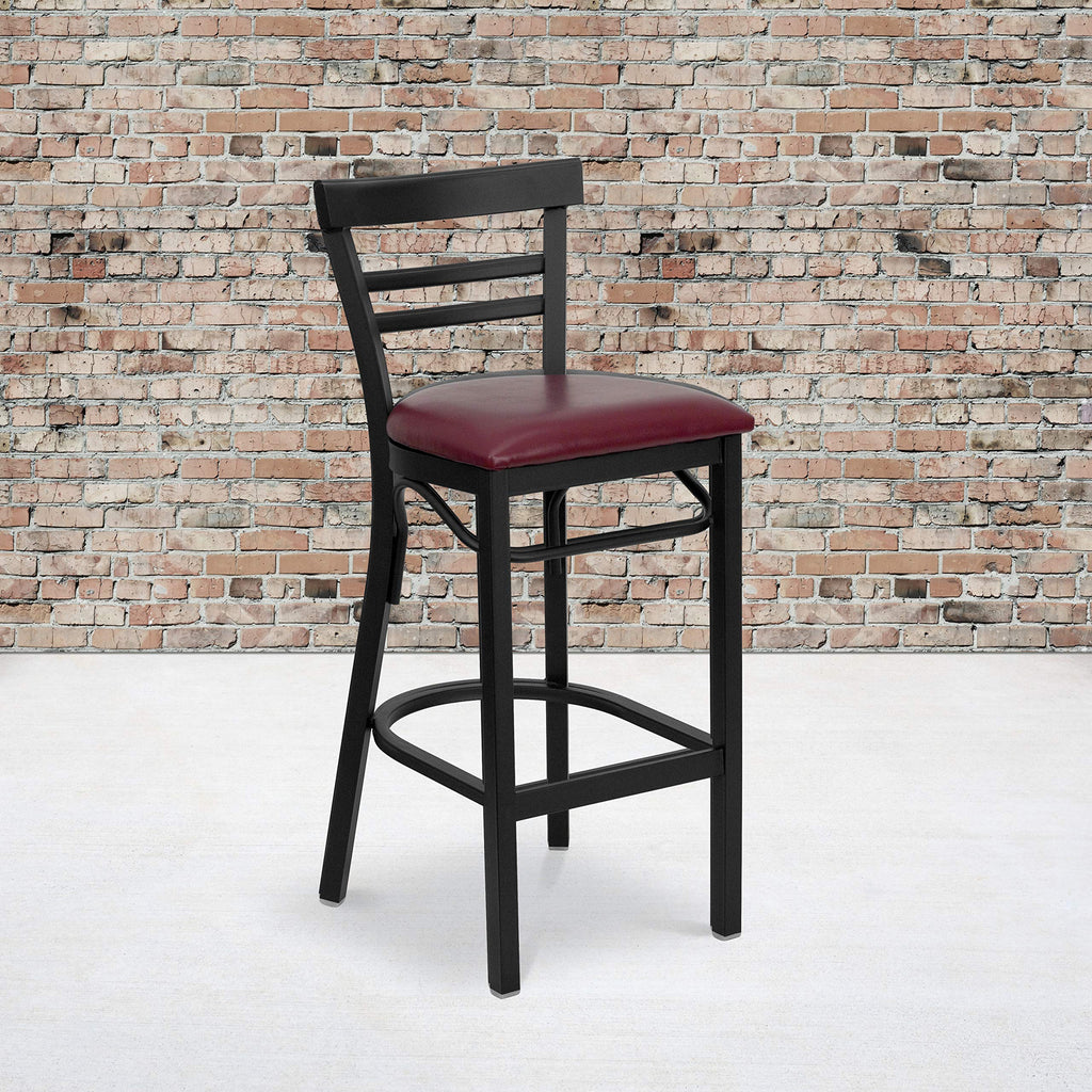 Flash Furniture Hercules Series Black Two-Slat Ladder Back Metal Restaurant Barstool - Burgundy Vinyl Seat