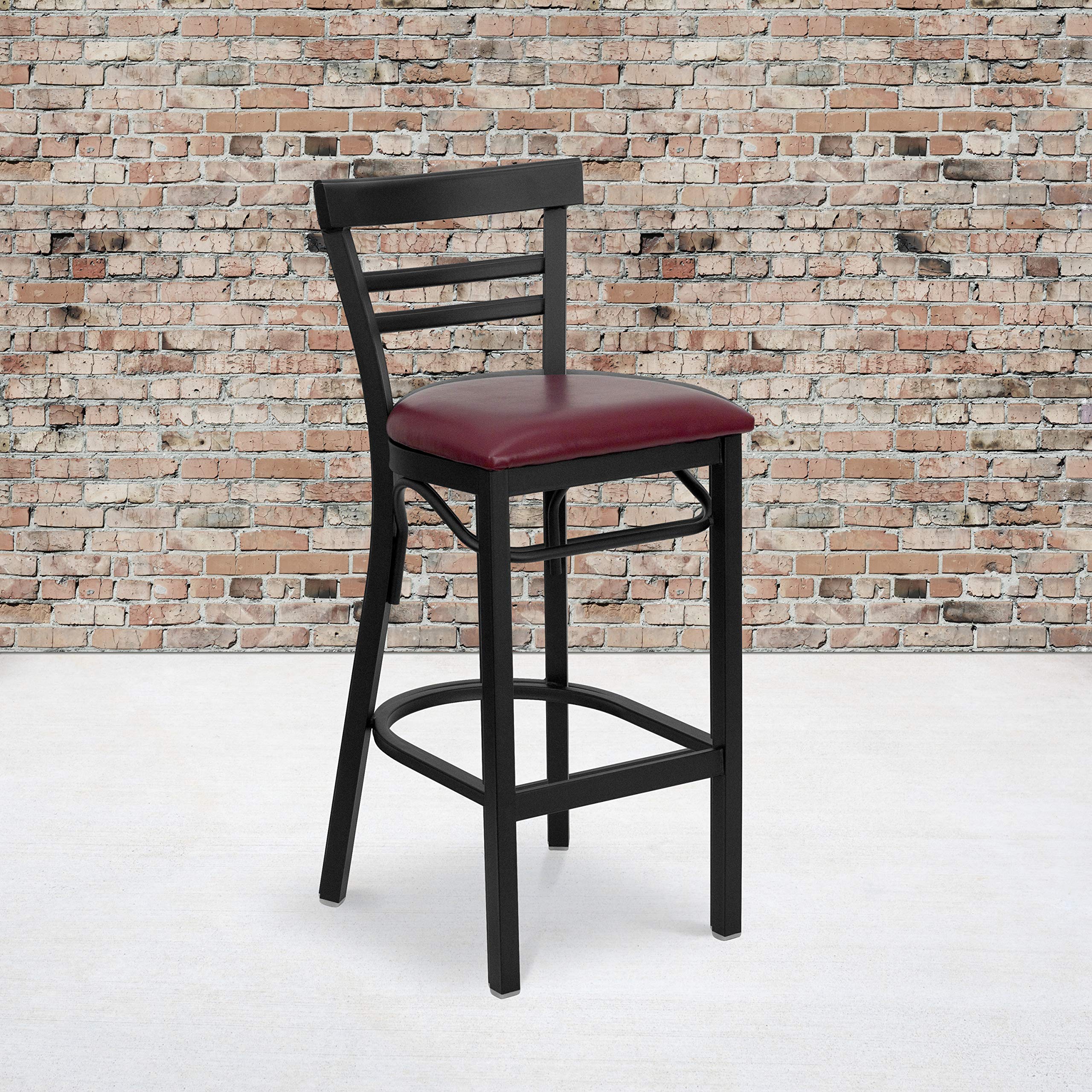Flash Furniture Hercules Series Black Two-Slat Ladder Back Metal Restaurant Barstool - Burgundy Vinyl Seat