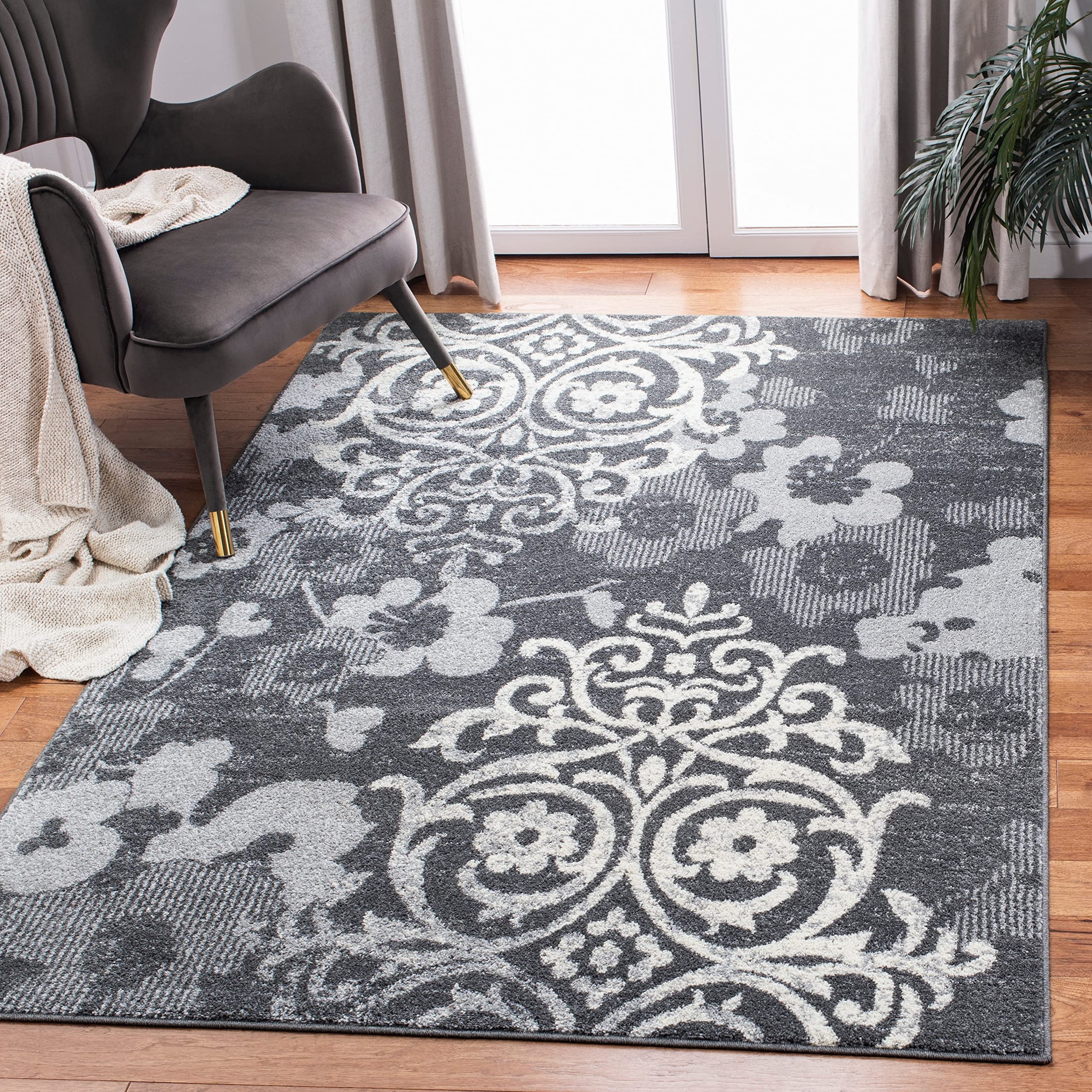 SAFAVIEH Adirondack Collection Area Rug - 9 x 12, Charcoal & Ivory, Floral Glam Damask Distressed Design, Non-Shedding & Easy 