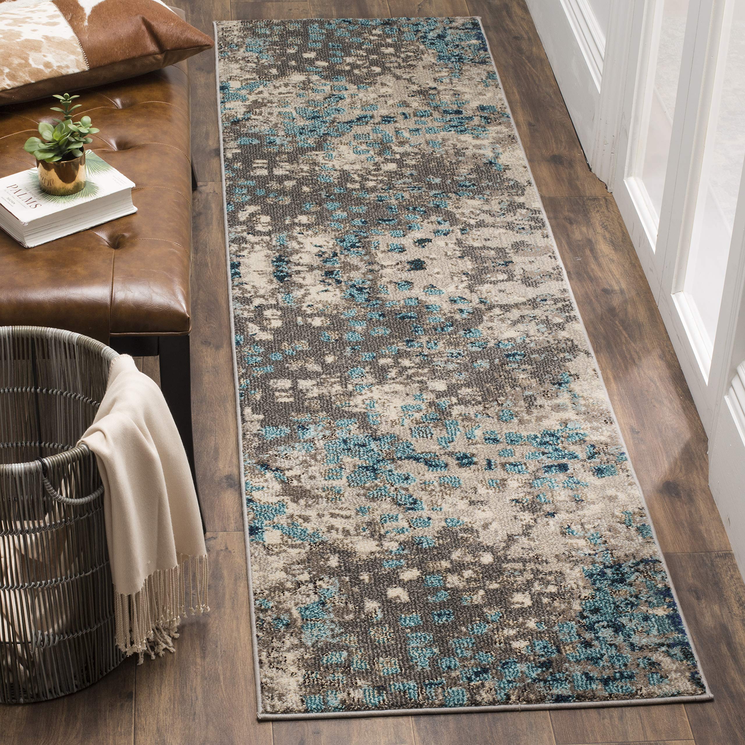SAFAVIEH Monaco Collection Runner Rug - 22 x 8, Grey & Light Blue, Boho Chic Abstract Watercolor Design, Non-Shedding & Easy C