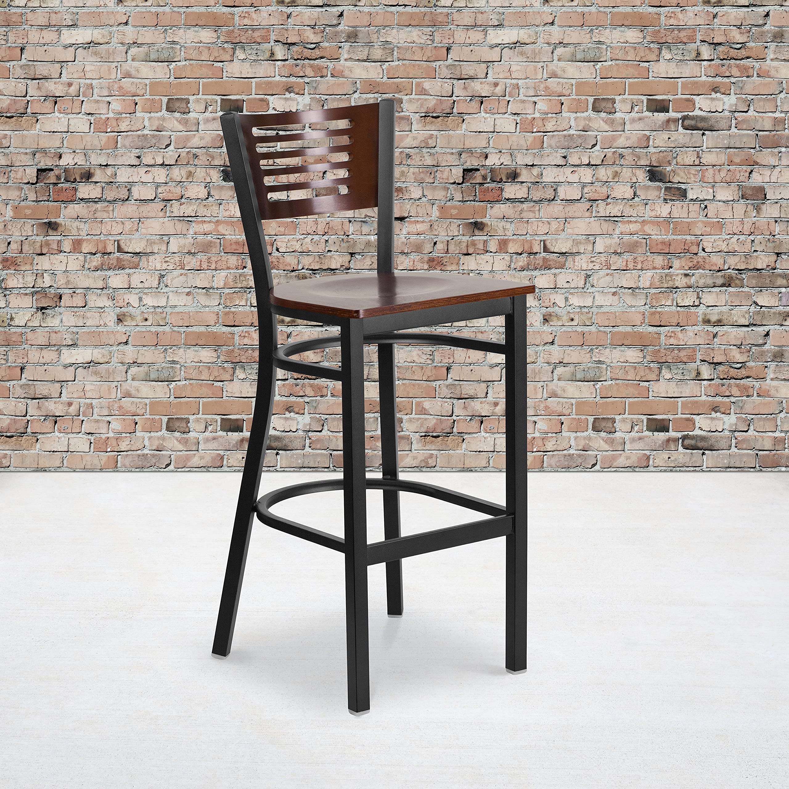Flash Furniture Hercules Series Black Slat Back Metal Restaurant Barstool - Walnut Wood Back & Seat